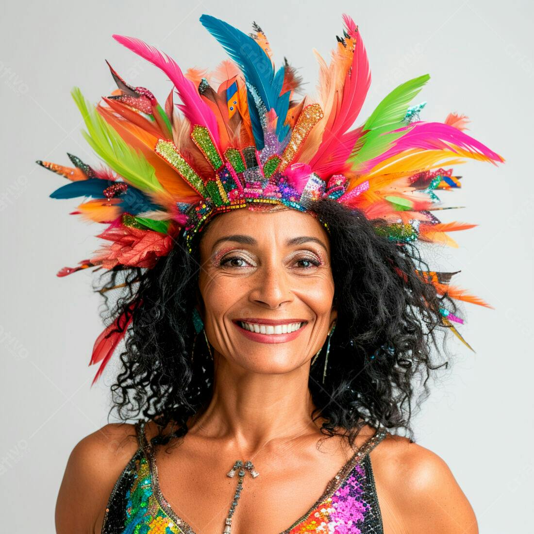 Mulher sorridente com enfeite de penas coloridas