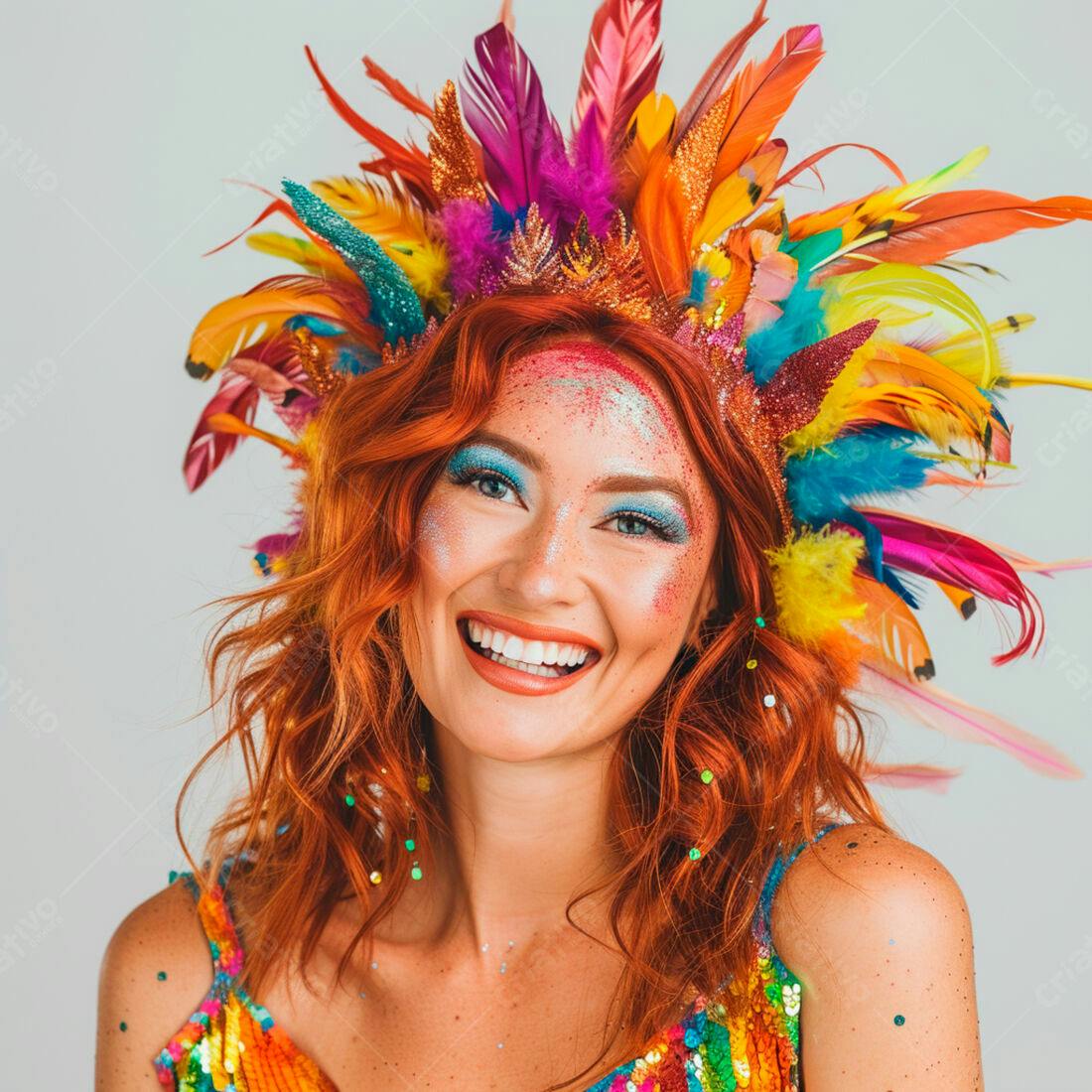 Mulher ruiva sorridente com coroa de penas coloridas