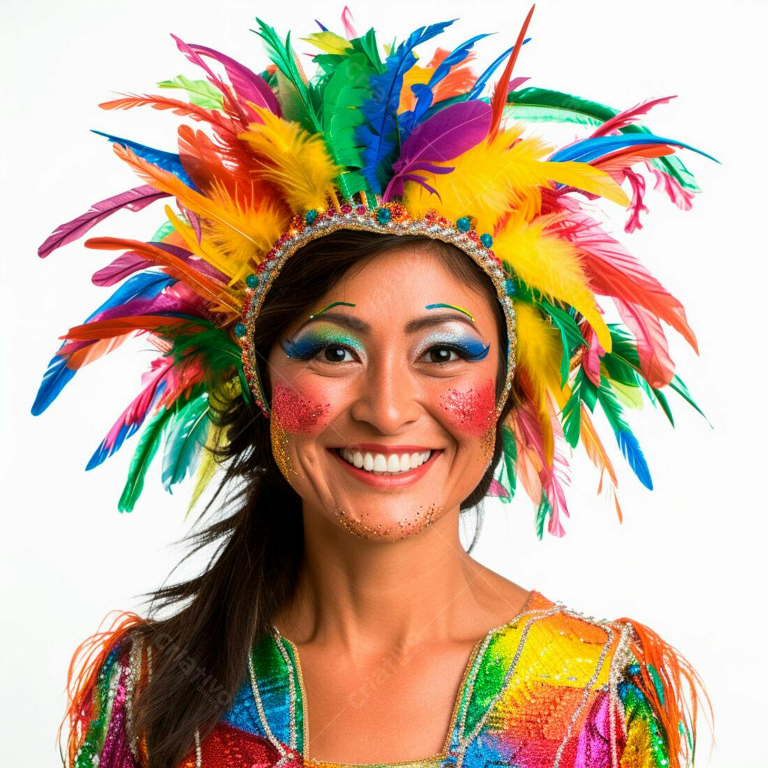 Mulher sorridente com fantasia de penas coloridas