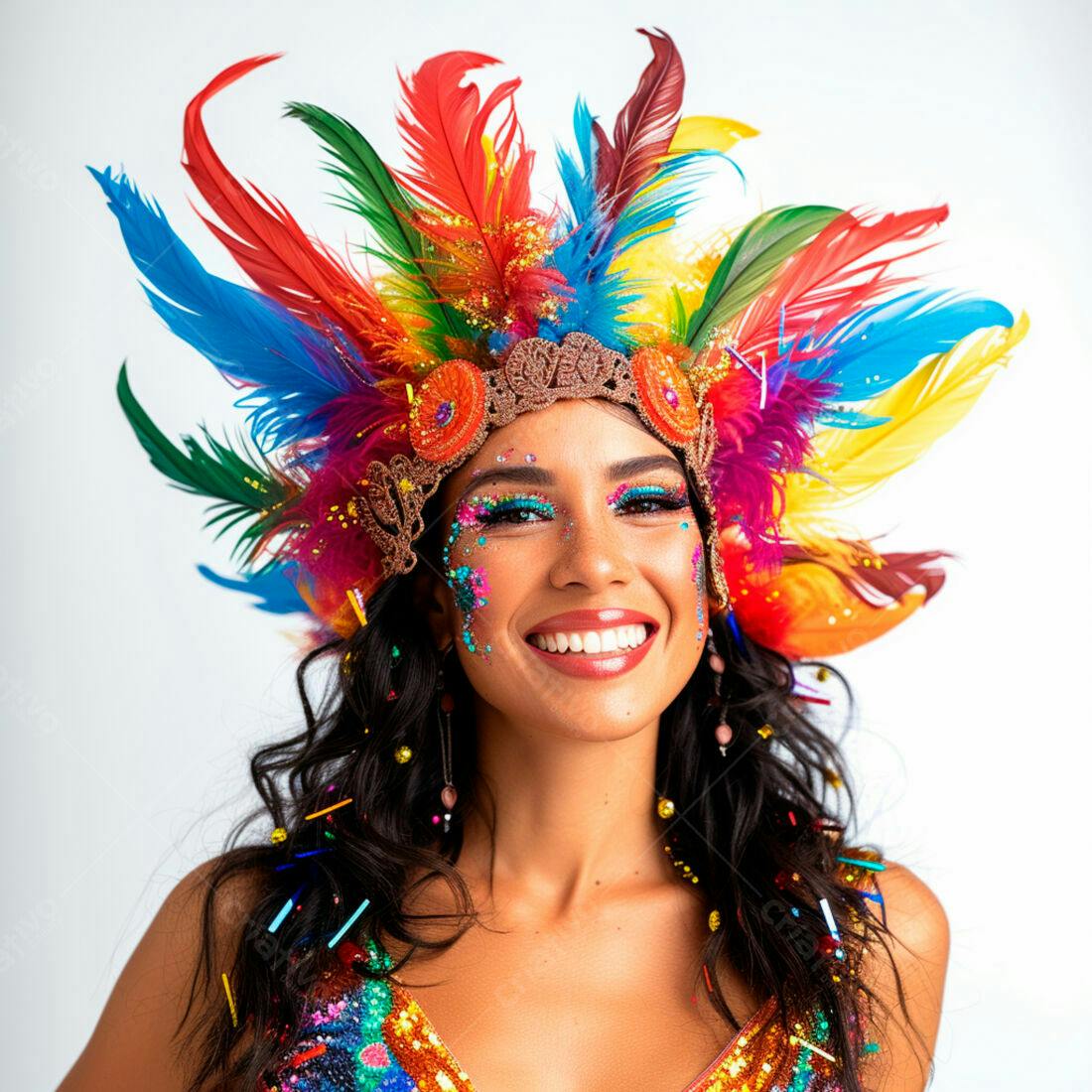 Mulher sorridente com fantasia de penas coloridas