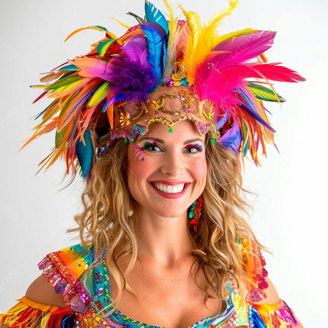 Mulher sorridente com fantasia de Carnaval colorida