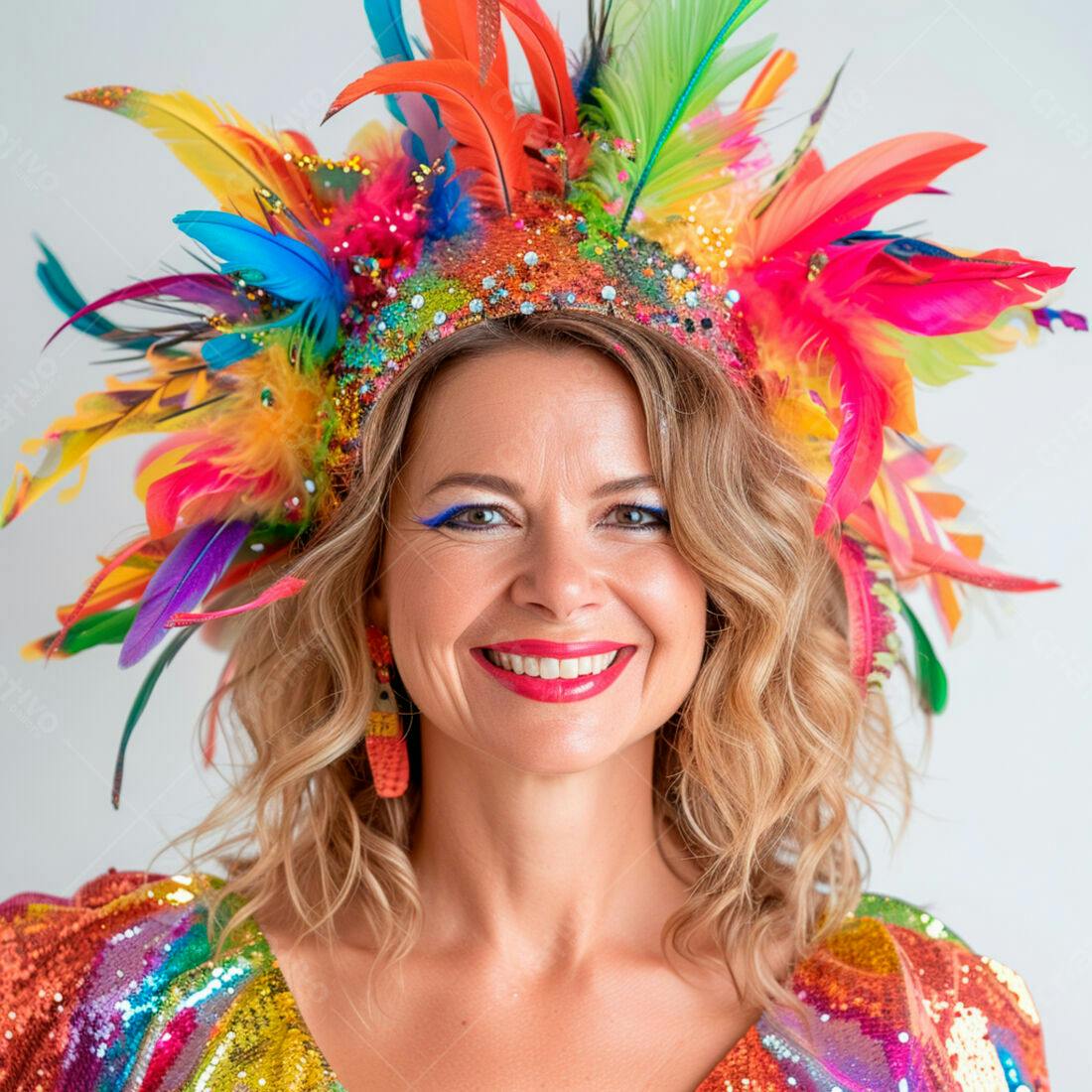 Mulher sorridente com fantasia de penas vibrantes