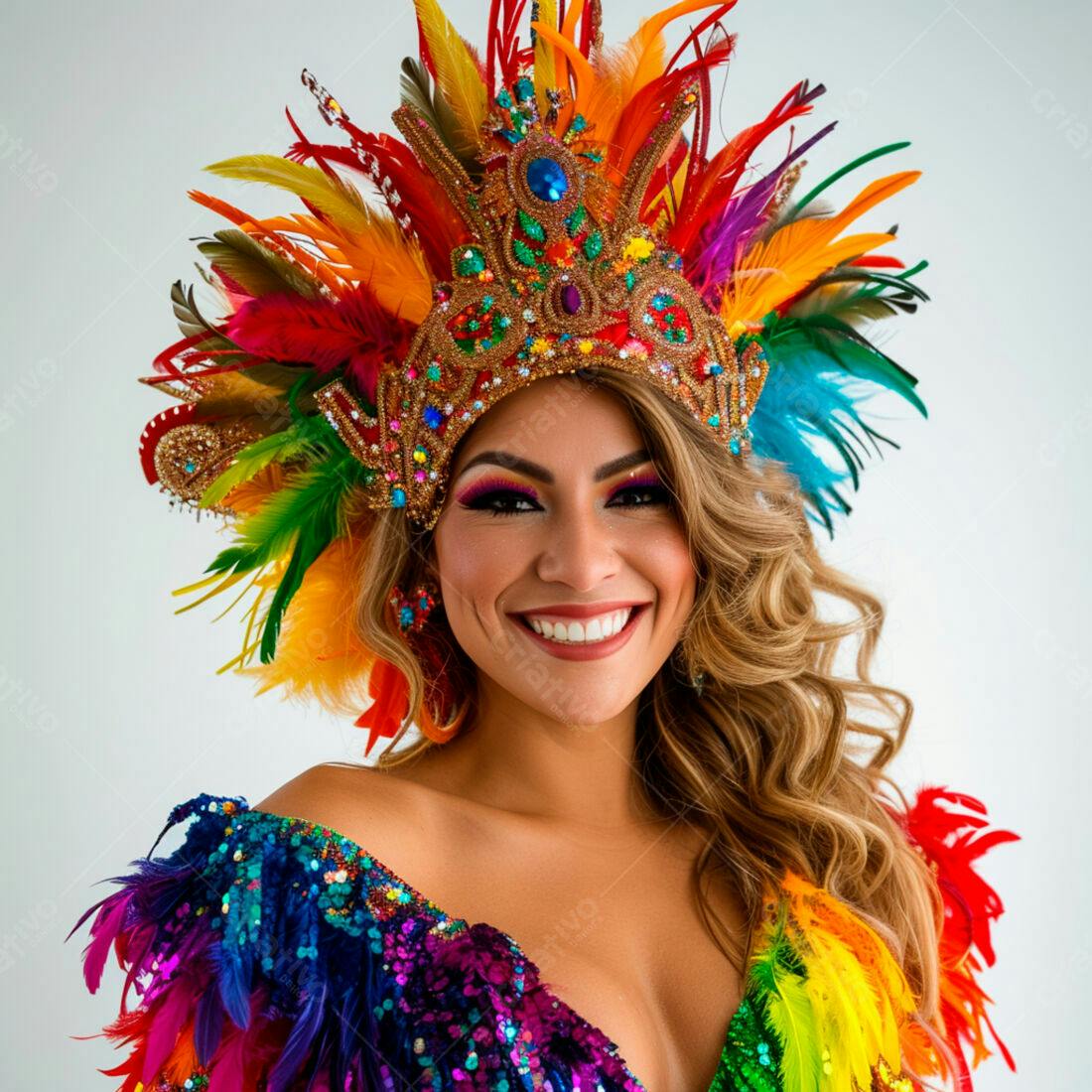 Modelo com fantasia de Carnaval colorida