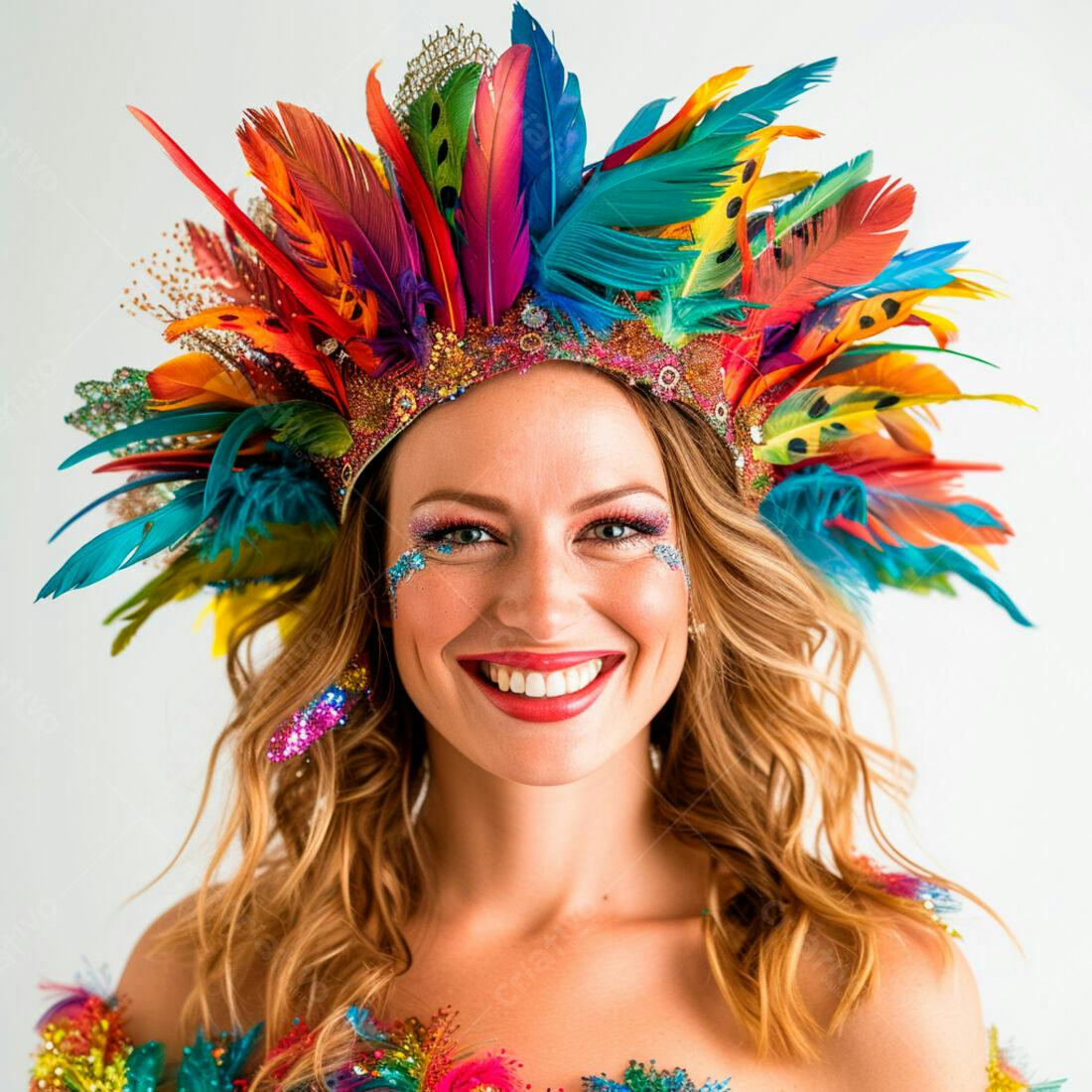 Mulher sorridente com coroa de penas coloridas