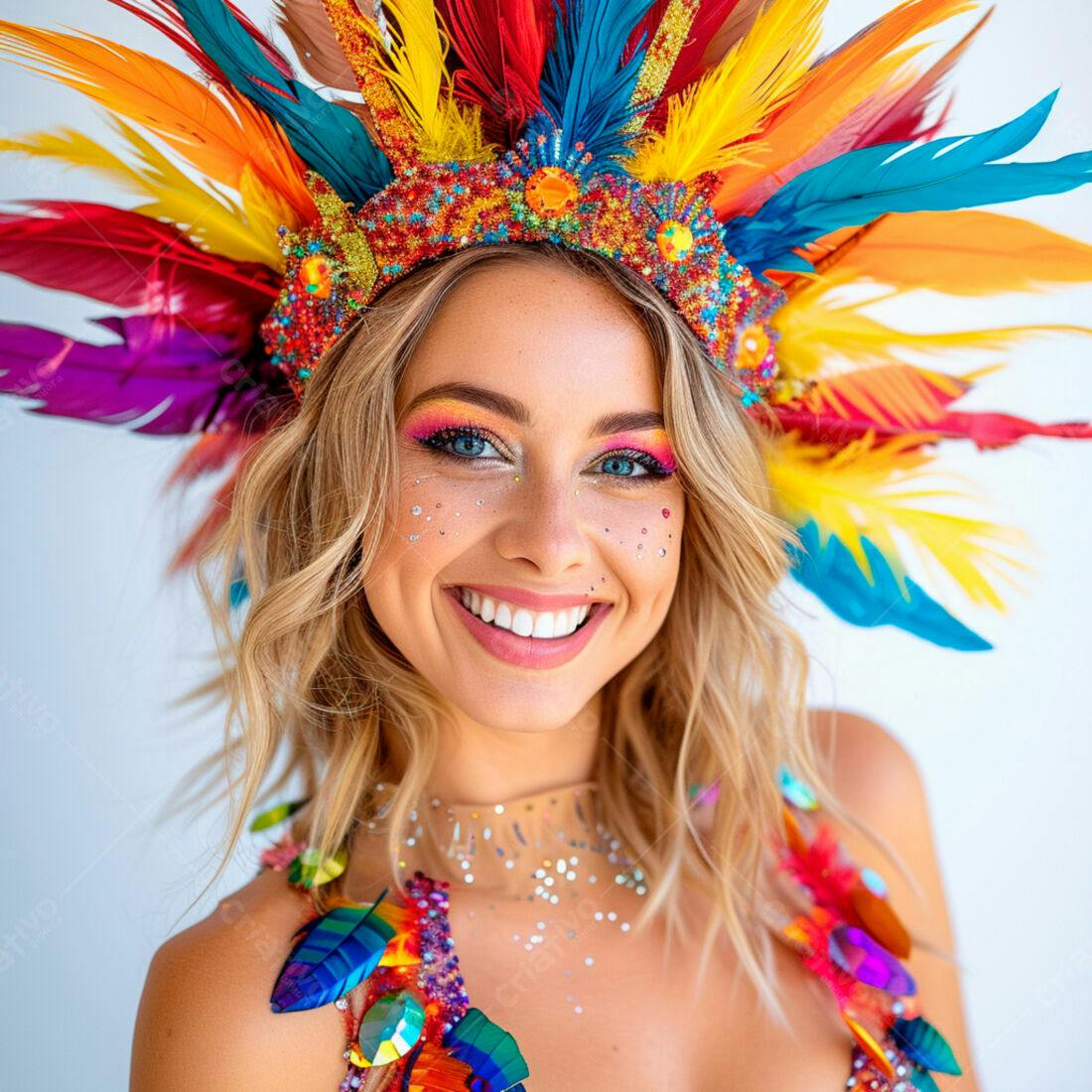 Mulher sorridente com fantasia de penas coloridas