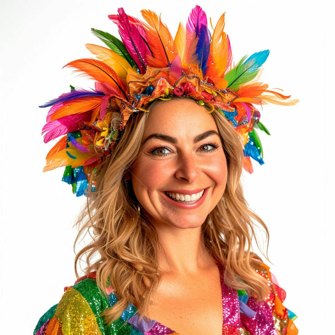 Mulher sorrindo com coroa de penas coloridas