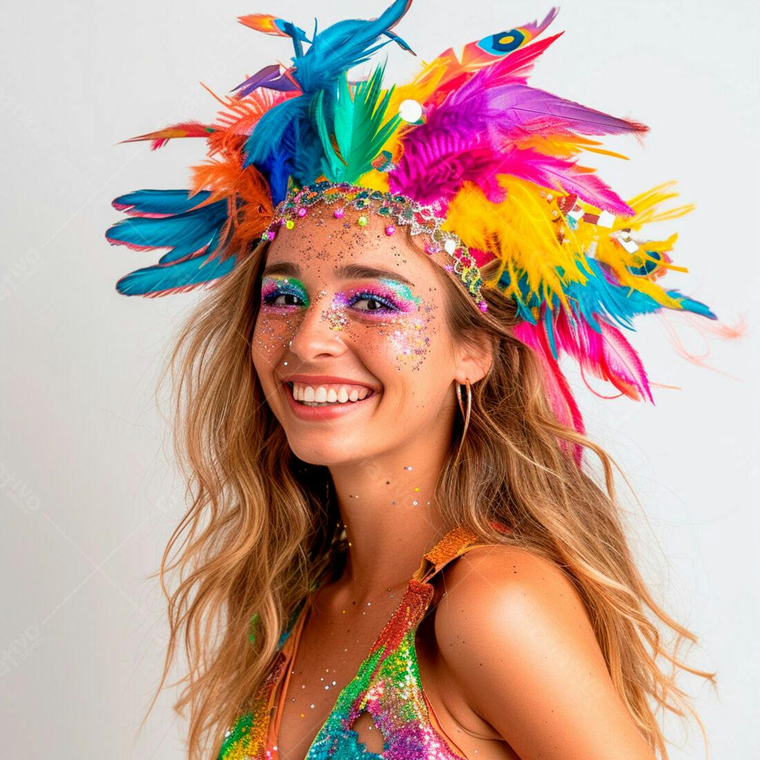 Mulher sorridente com fantasia de carnaval colorida