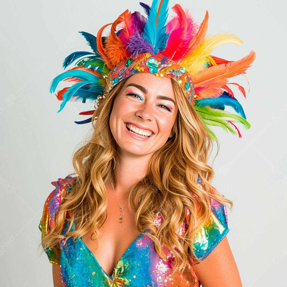 Mulher loira sorridente com coroa de penas coloridas