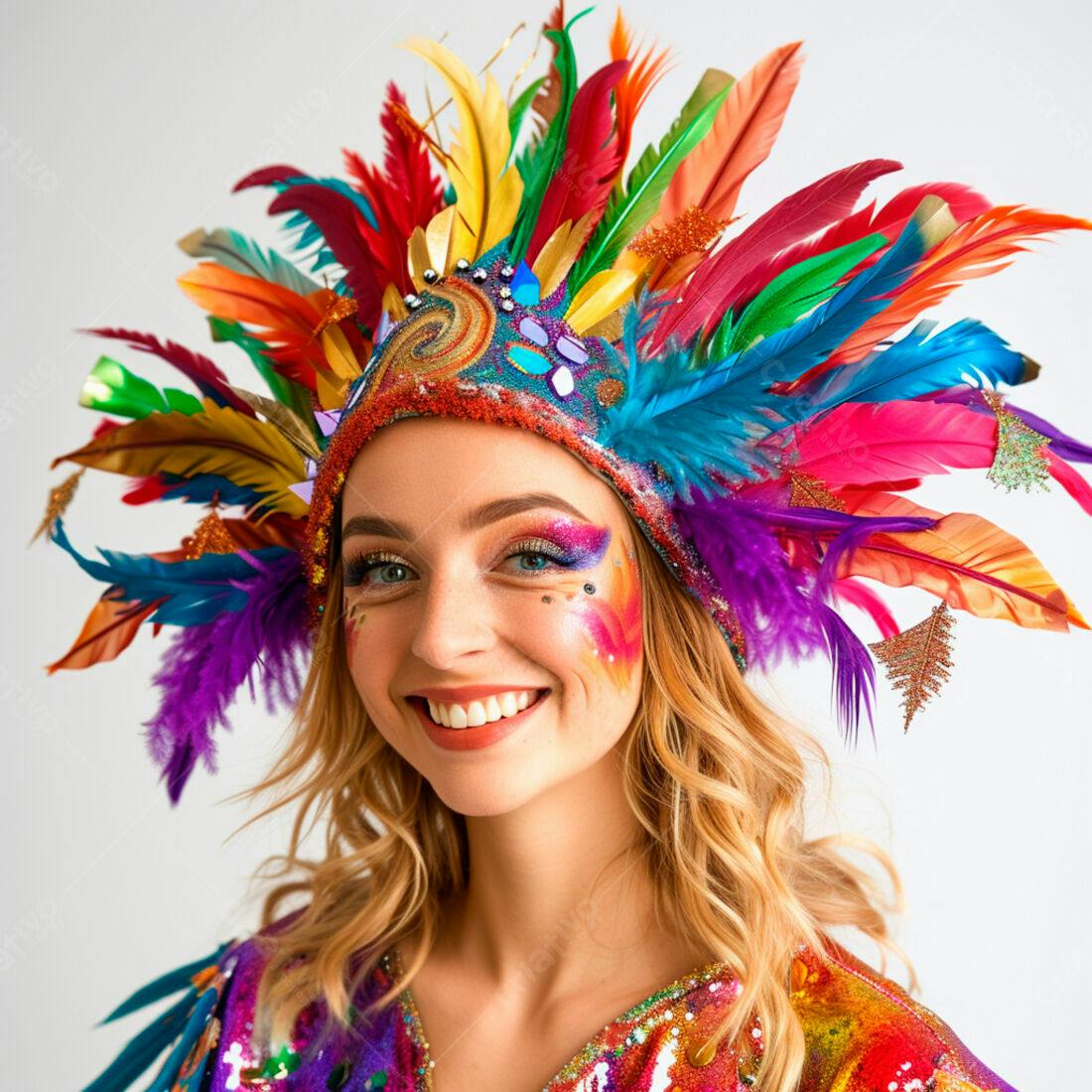 Mulher sorridente com coroa de penas coloridas