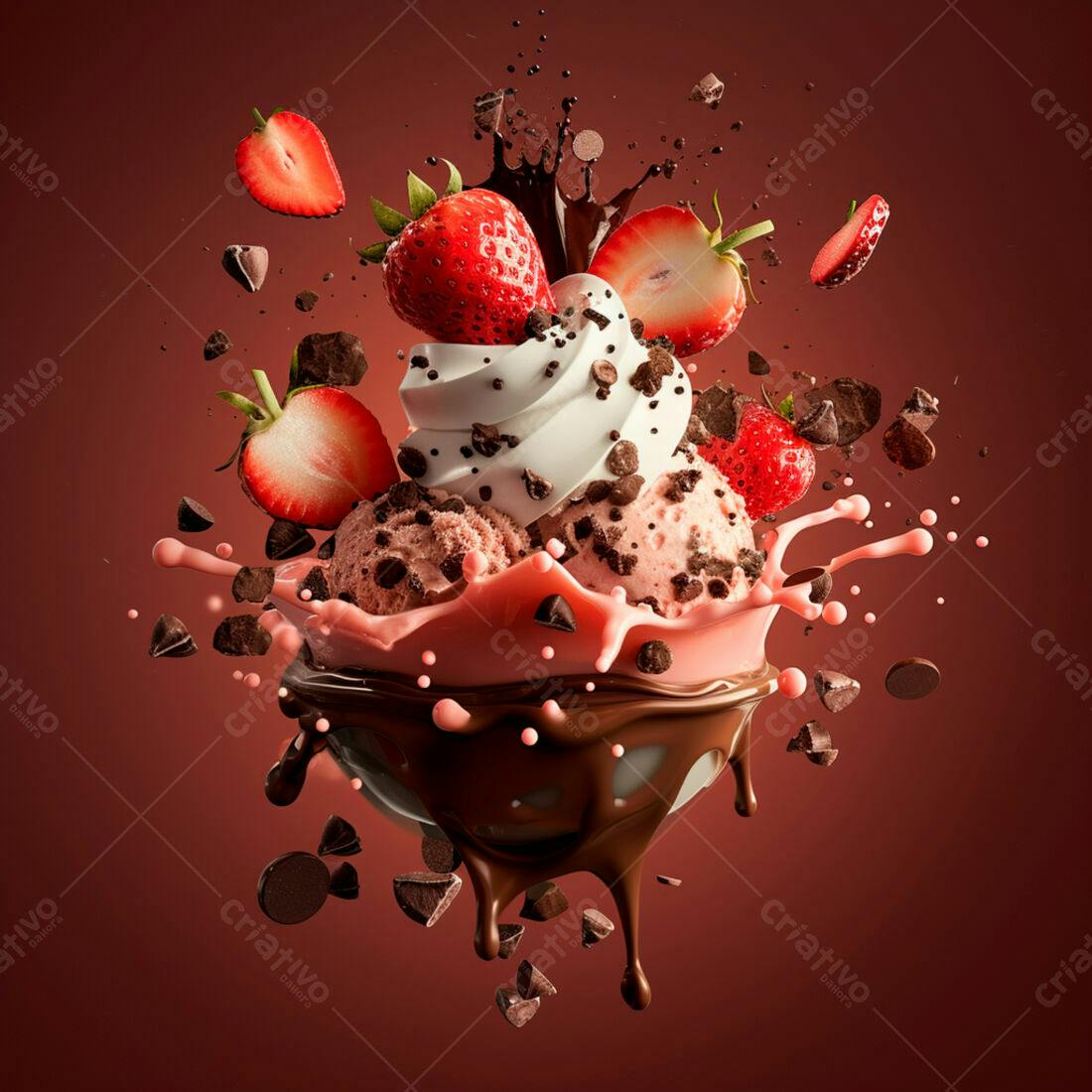 Sorvete com Morango e Chocolate em Explosão
