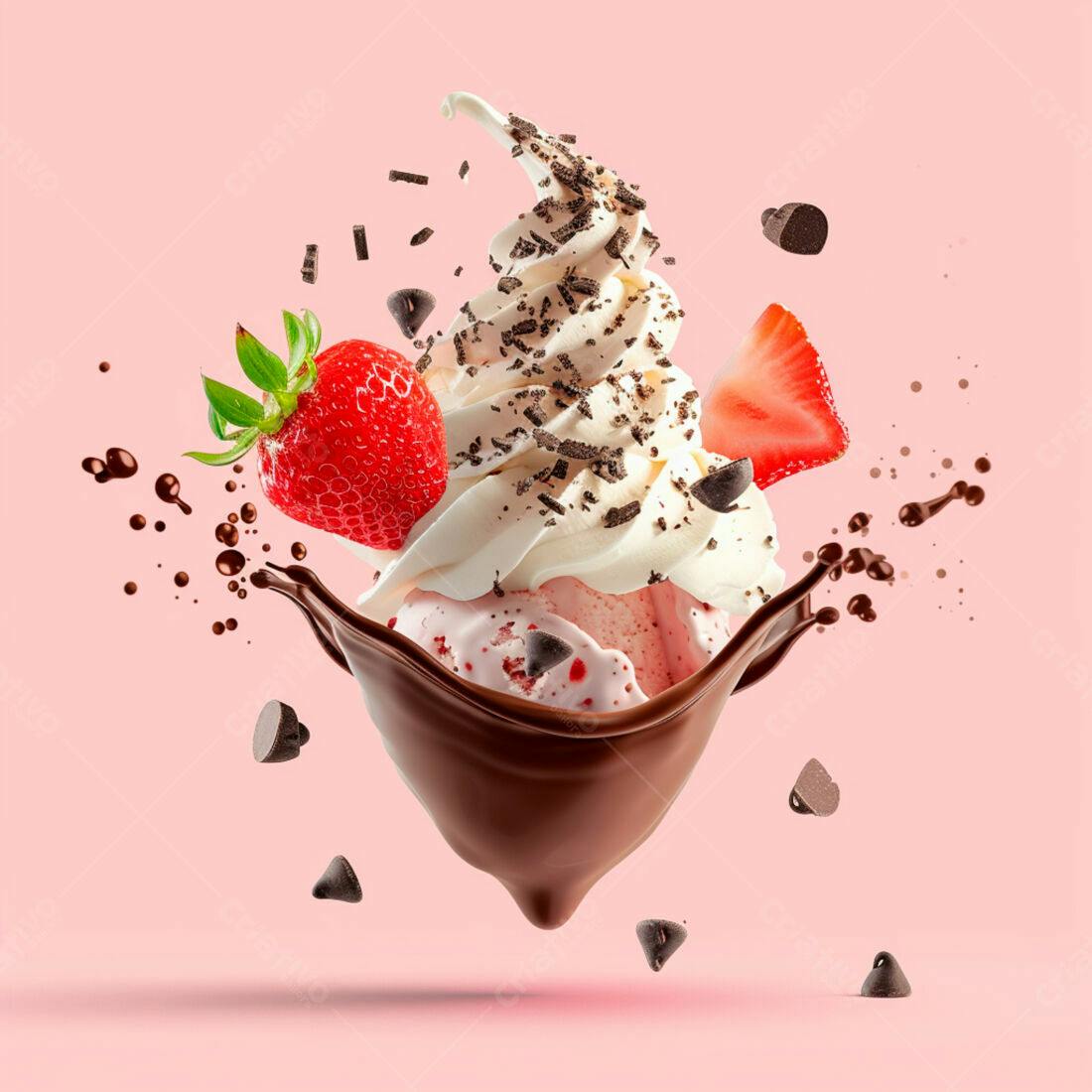 Sorvete com Morango e Chocolate em Gotas