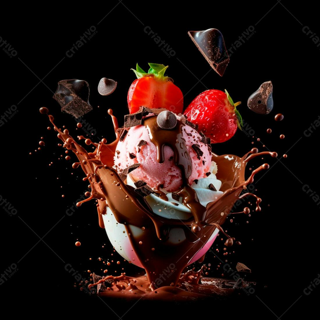 Sorvete de morango com chocolate em explosão
