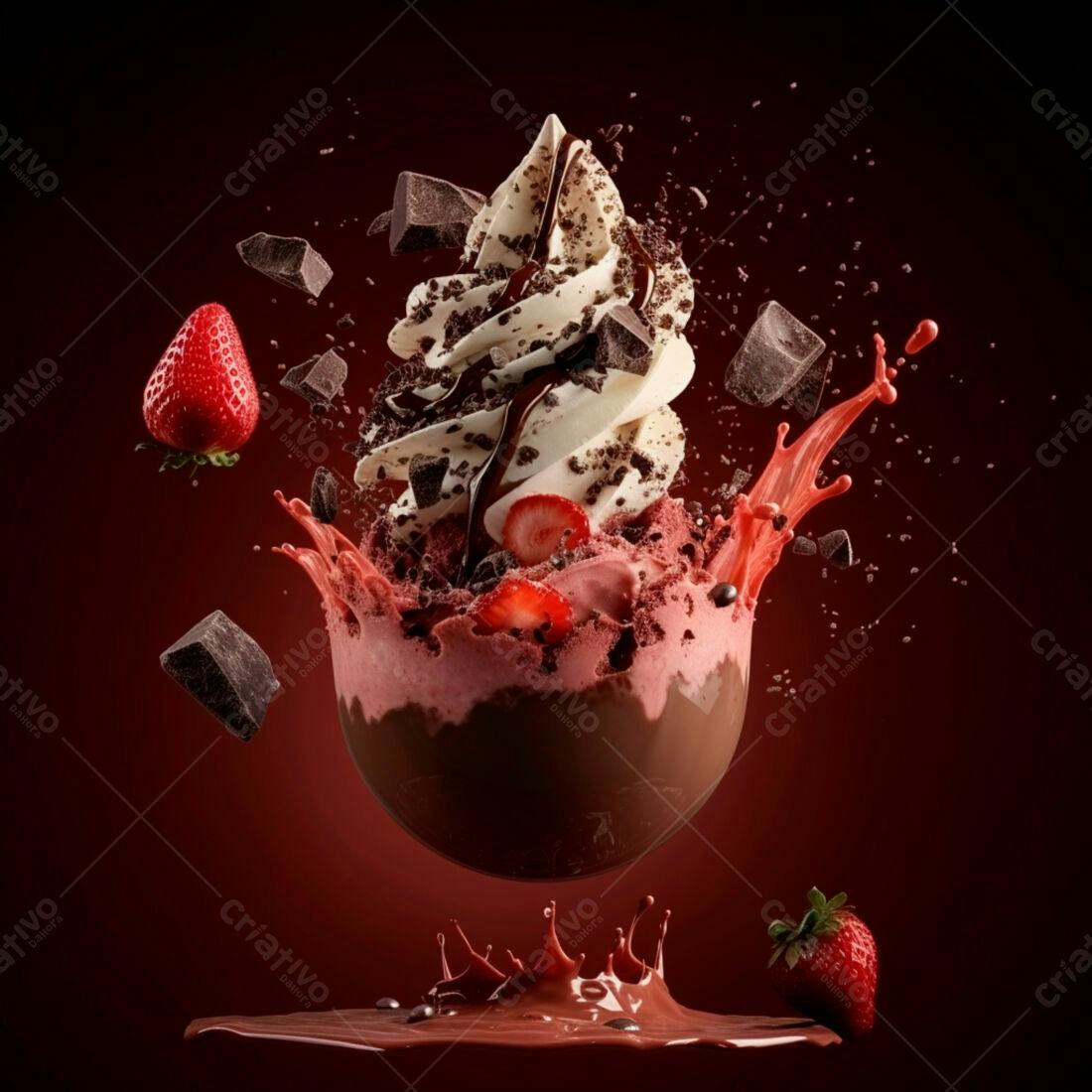 Sobremesa de sorvete com morango e chocolate