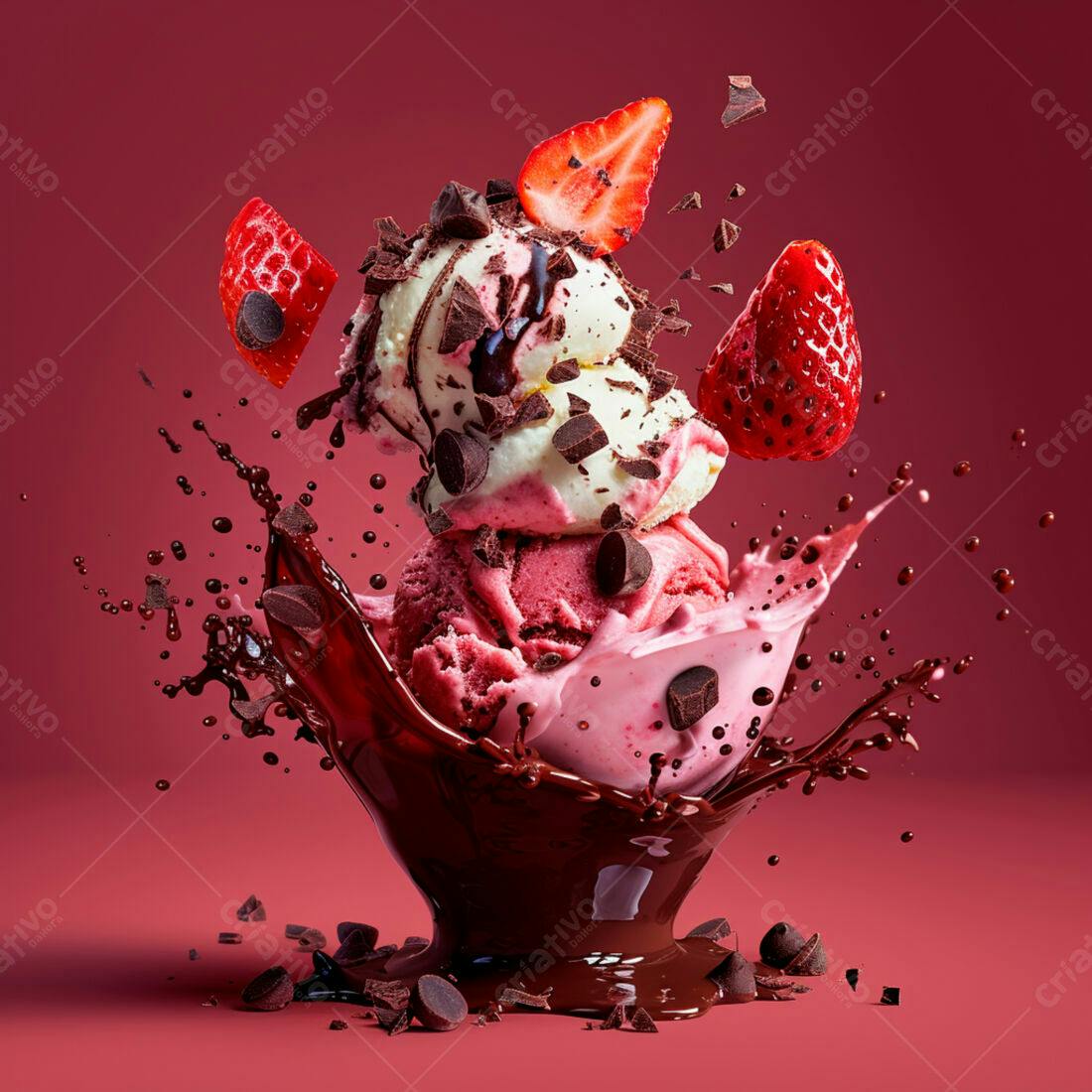 Sorvete com Morango e Chocolate em Explosão