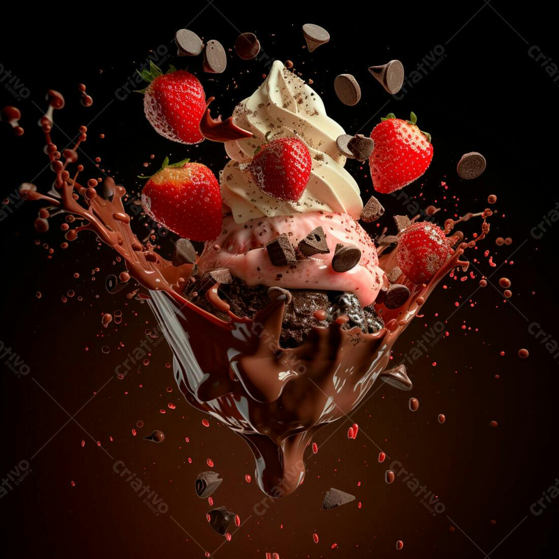 Sorvete com Morangos e Chocolate em Explosão