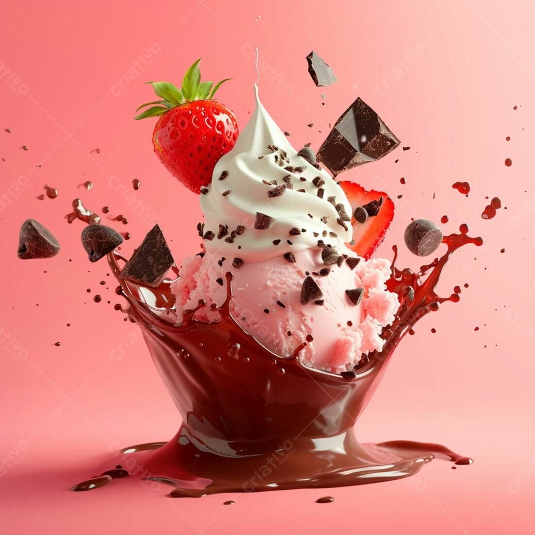 Sorvete de Morango com Chocolate e Chantilly