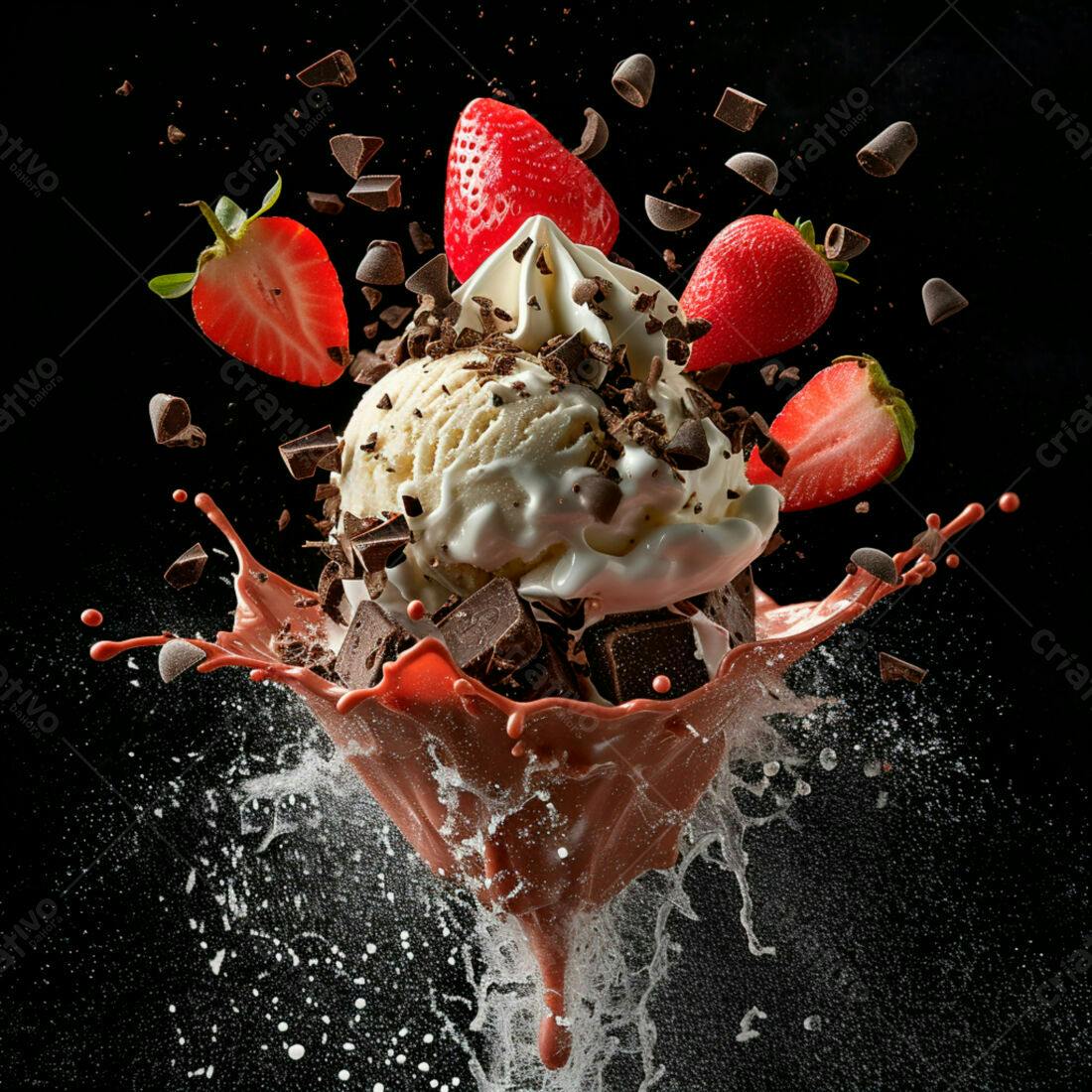 Sorvete de baunilha com morangos e chocolate