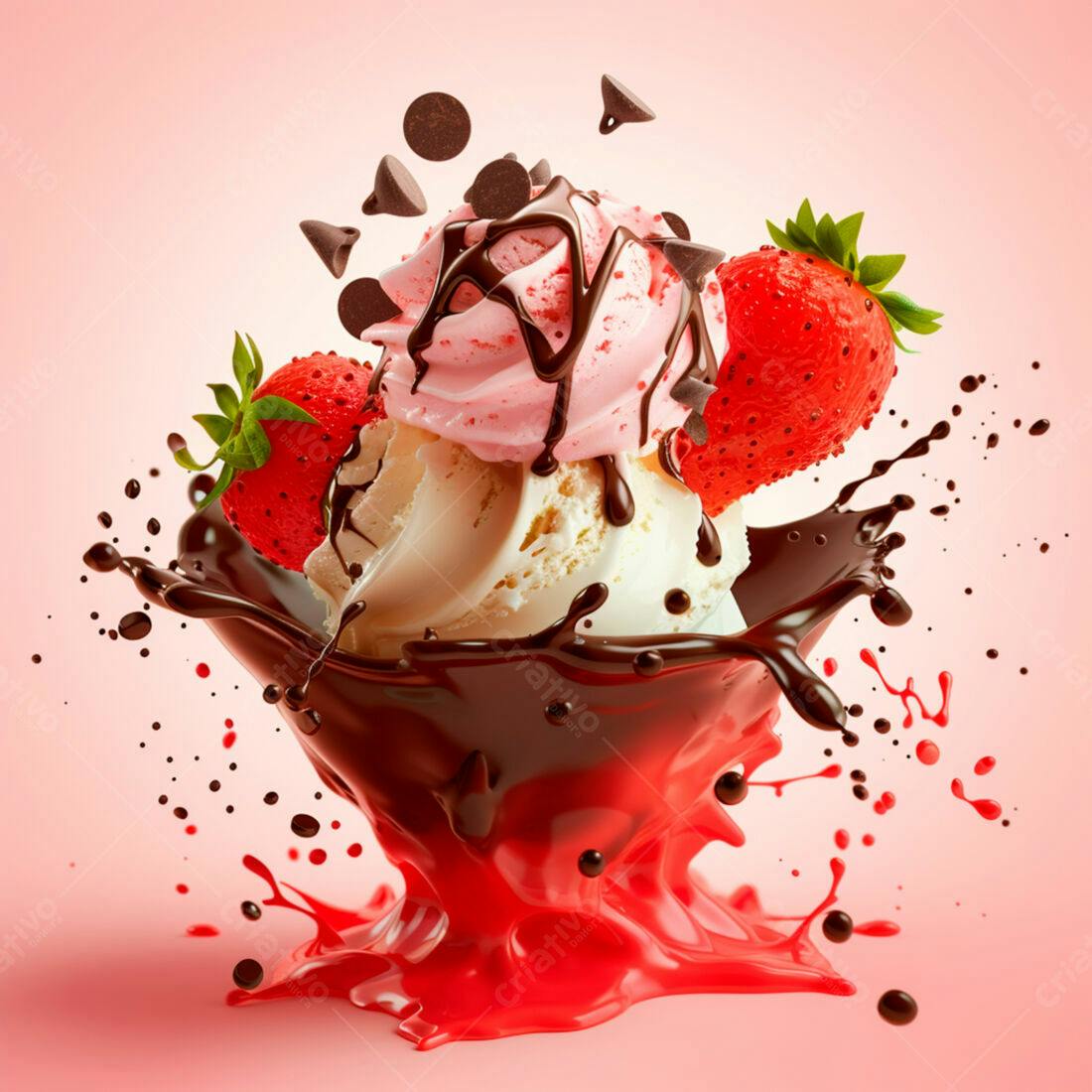 Sorvete com morangos e calda de chocolate