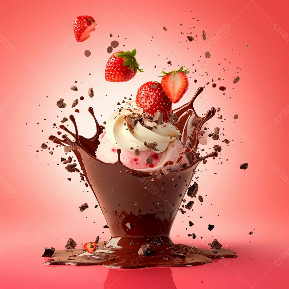 Sorvete de morango com chocolate em explosão