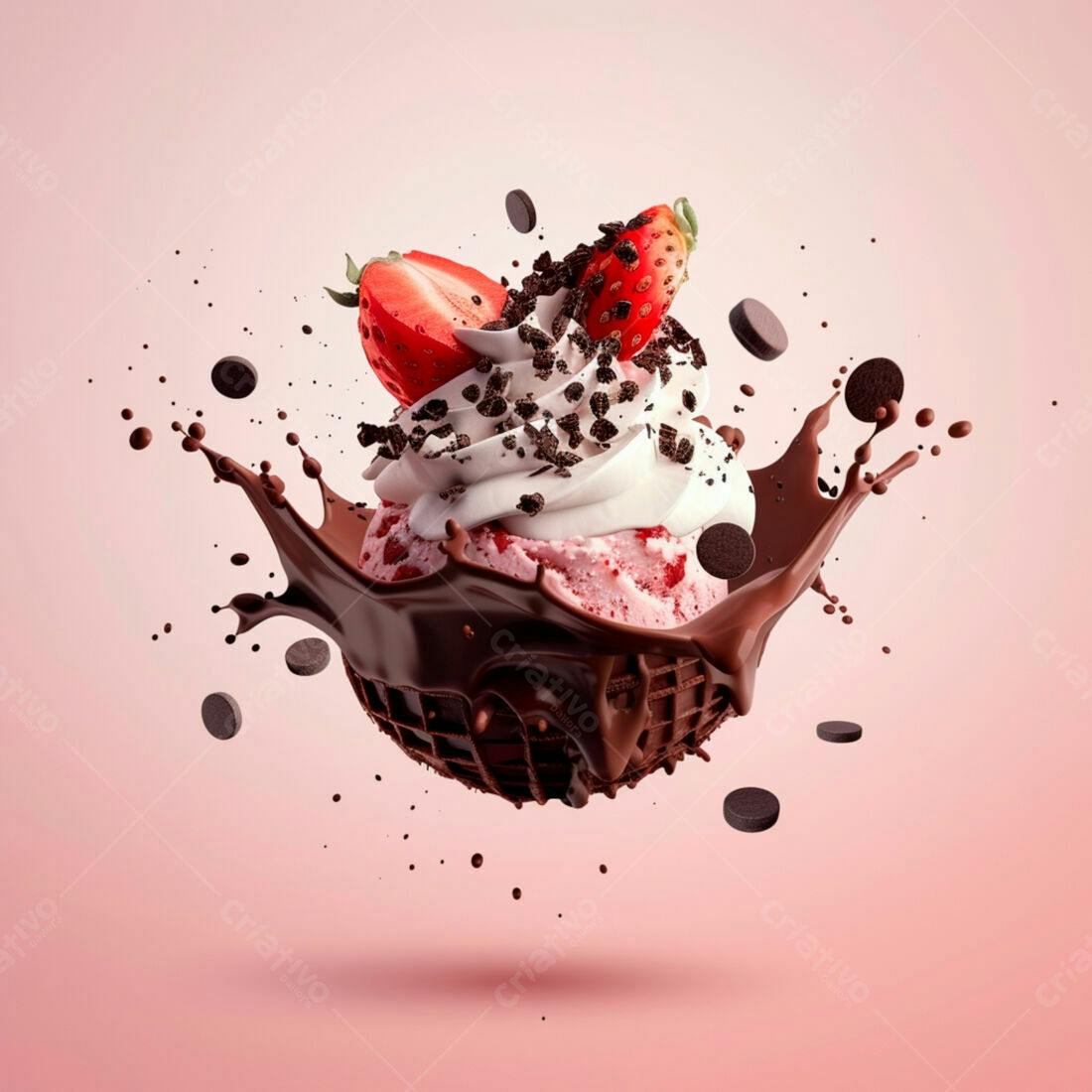 Sorvete de morango com chocolate em cascata