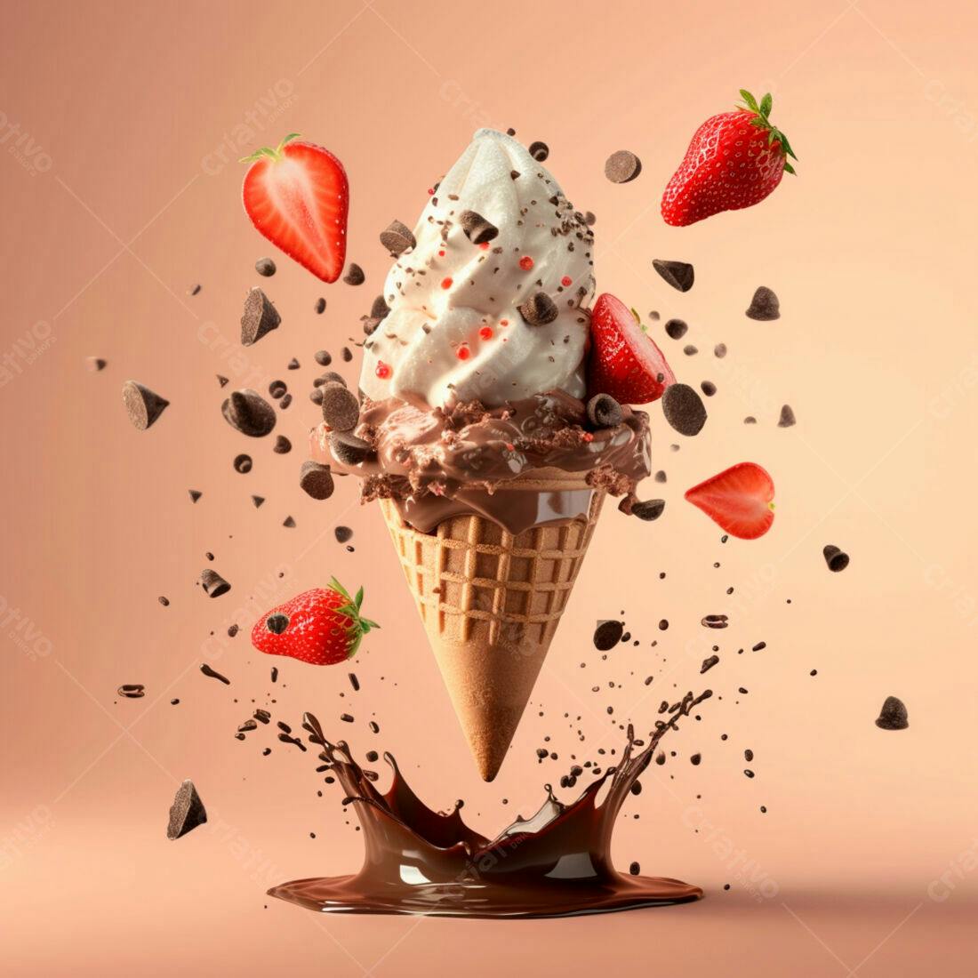 Sorvete de chocolate e morango em cascata