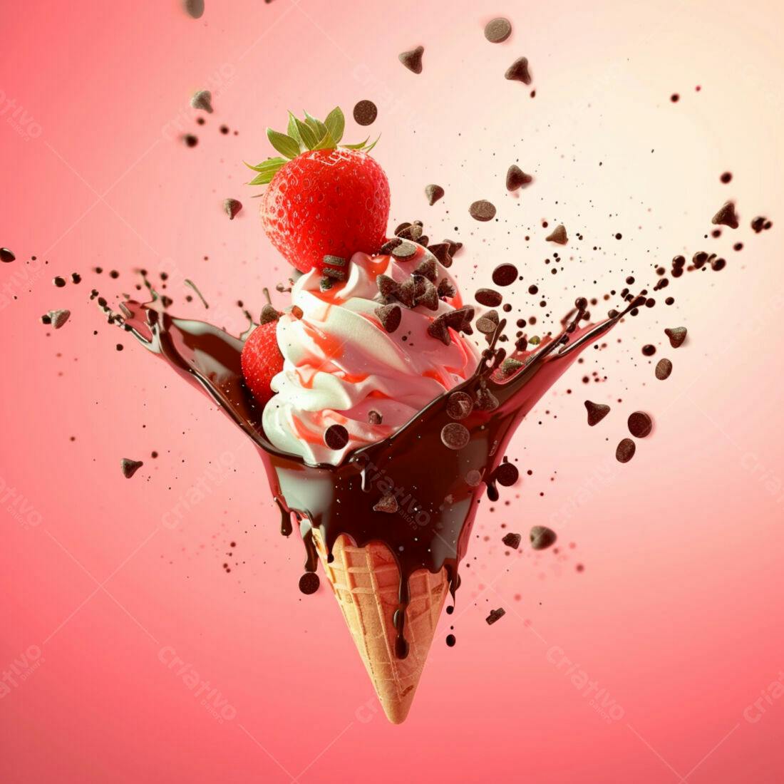 Sorvete de morango com chocolate derretido em cascata