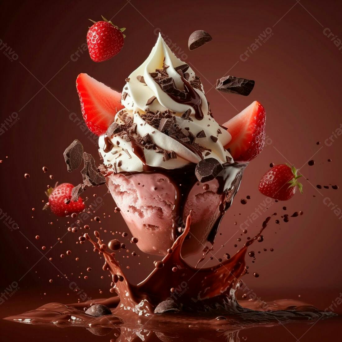 Sorvete de morango com chocolate em explosão