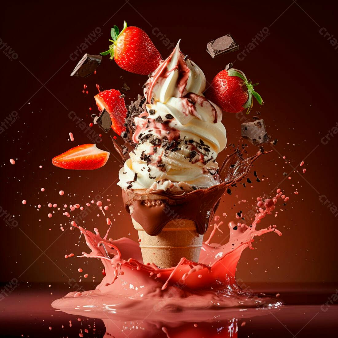 Sorvete com Morango e Chocolate em Explosão