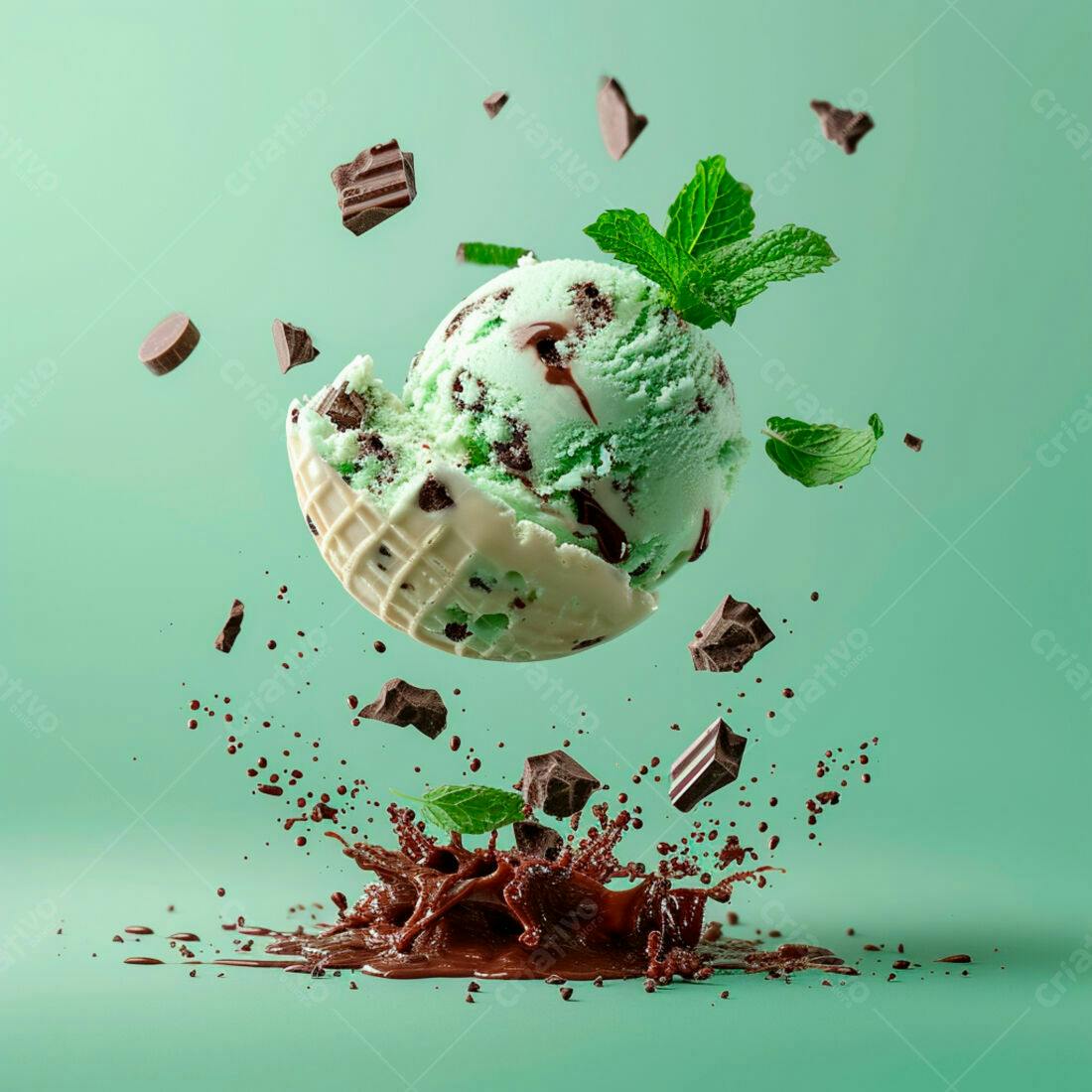 Sorvete de menta com chocolate em queda