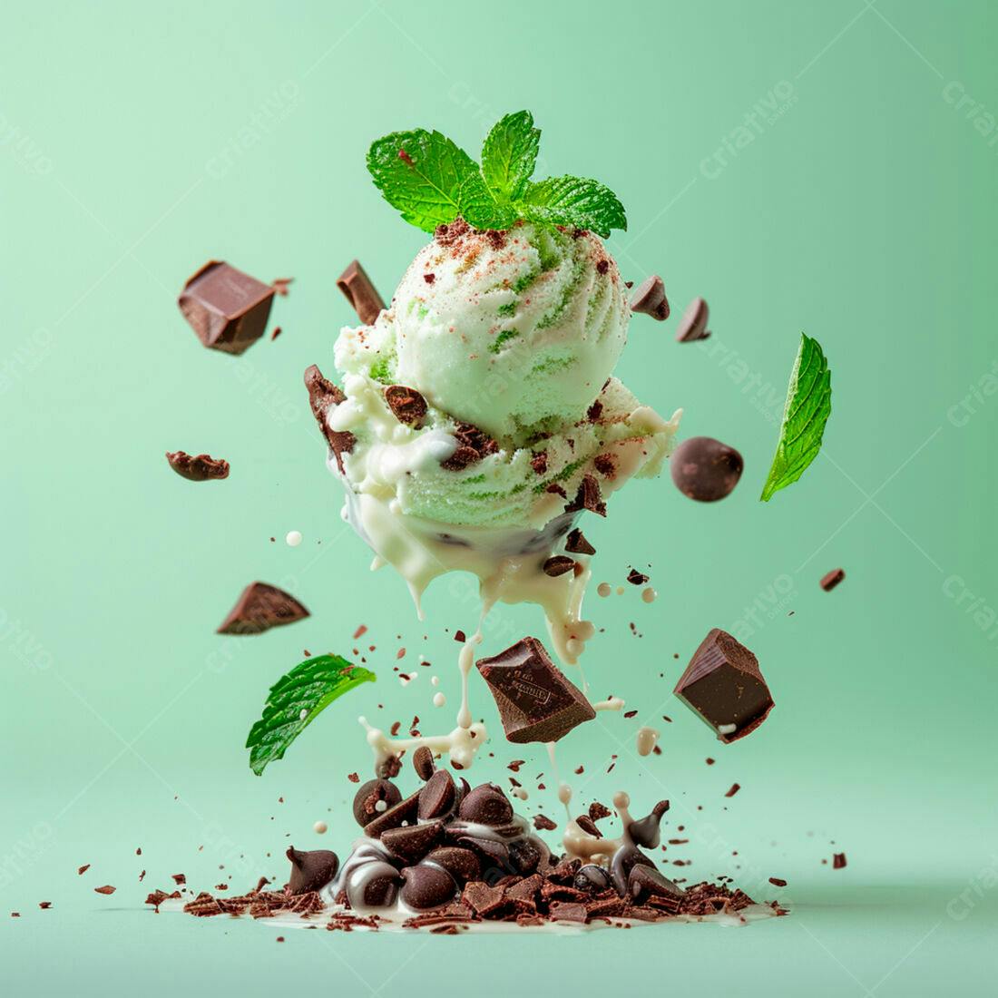 Sorvete de menta com chocolate em queda