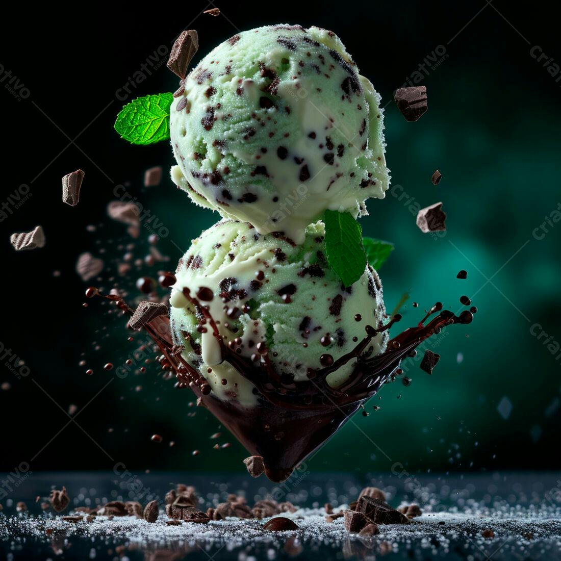 Sorvete de menta com chocolate em queda
