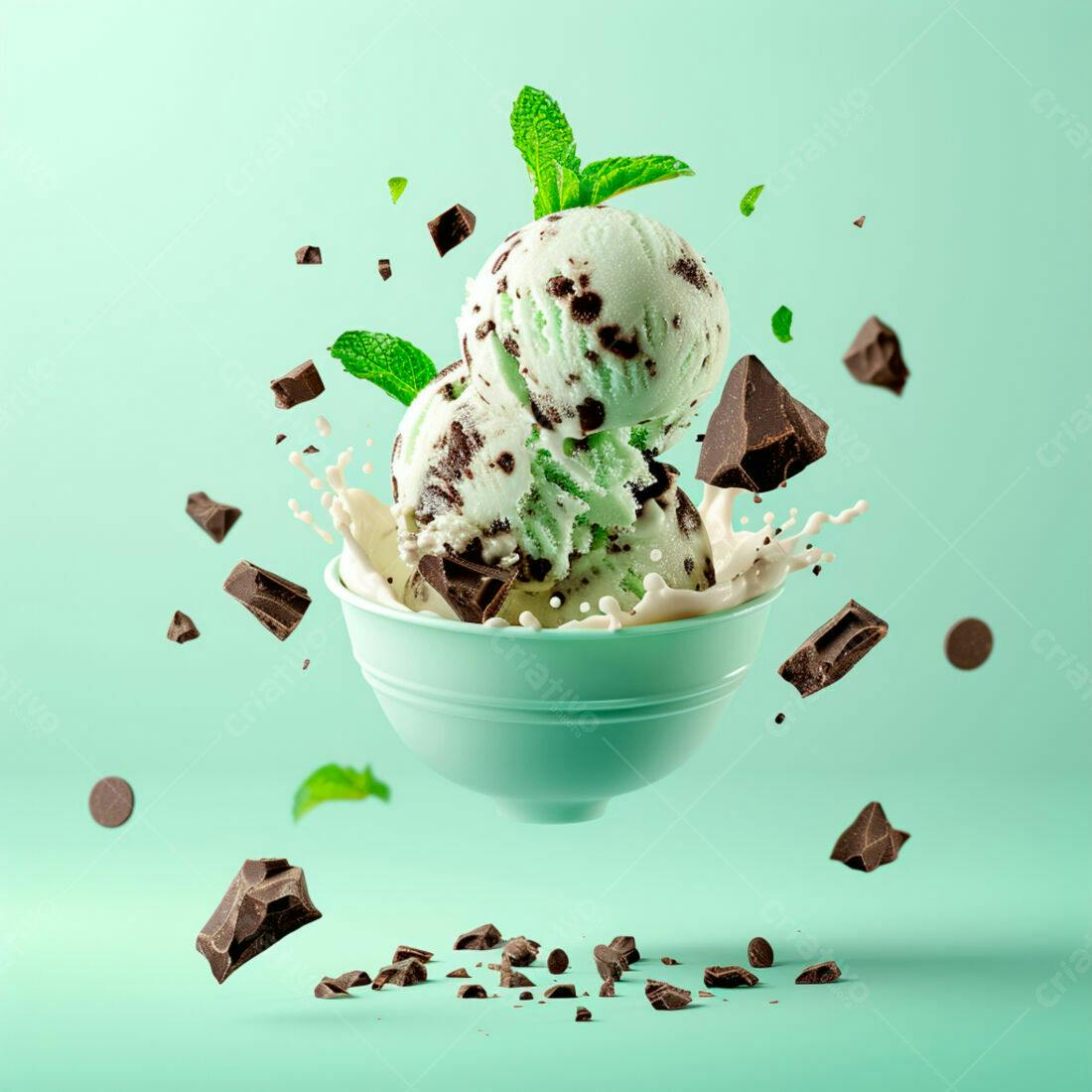 Sorvete de menta com chocolate em tigela suspensa