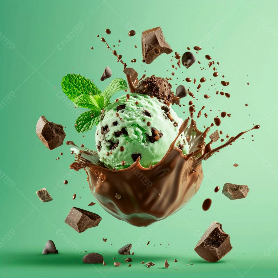 Sorvete de menta com chocolate em splash