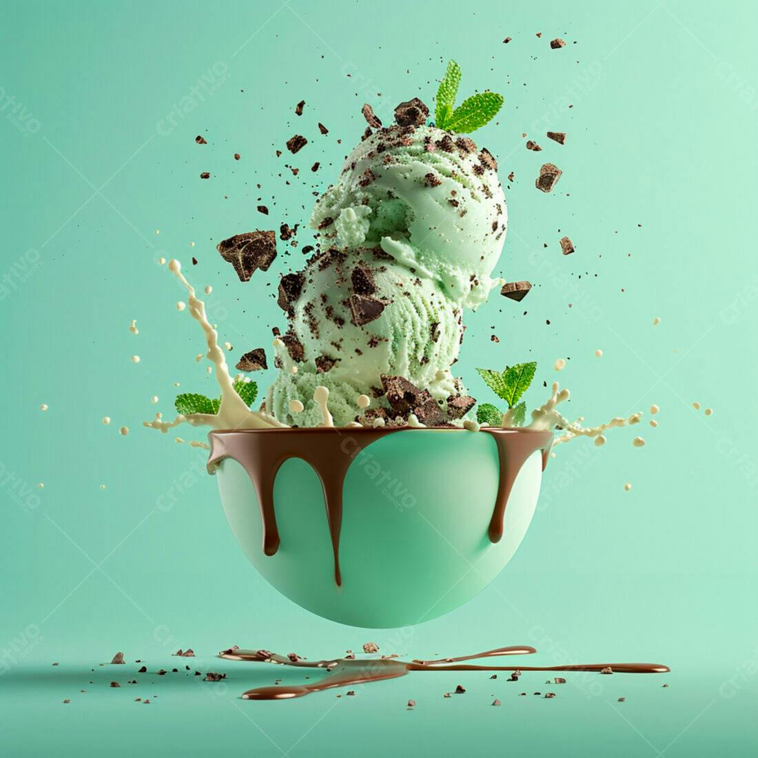 Sorvete de menta com chocolate em tigela