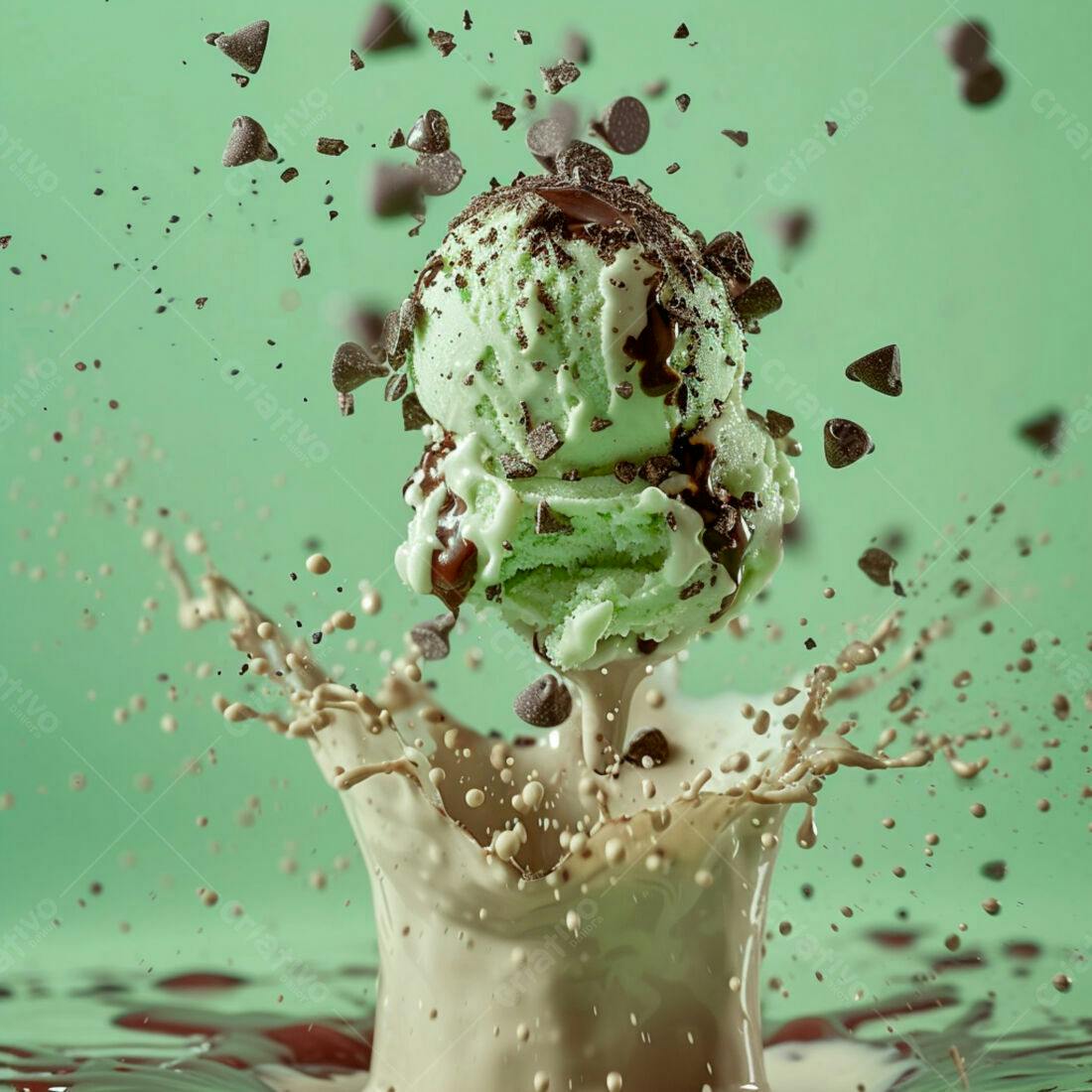 Sorvete de menta com gotas de chocolate em splash