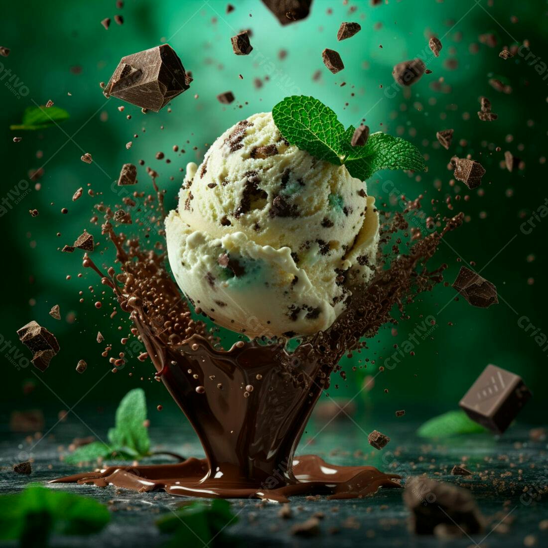 Sorvete de menta com chocolate caindo em calda
