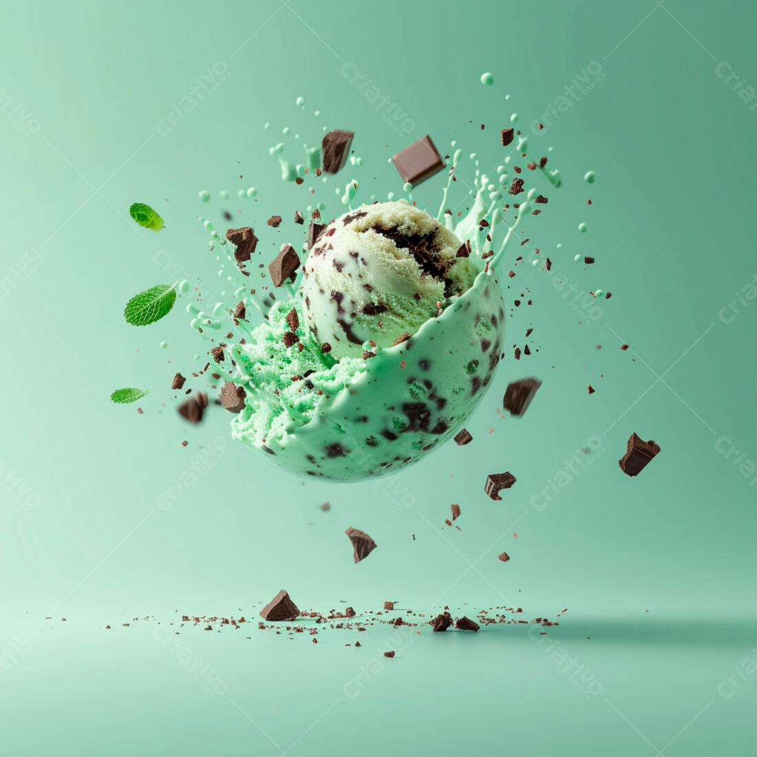 Sorvete de menta com chocolate em explosão