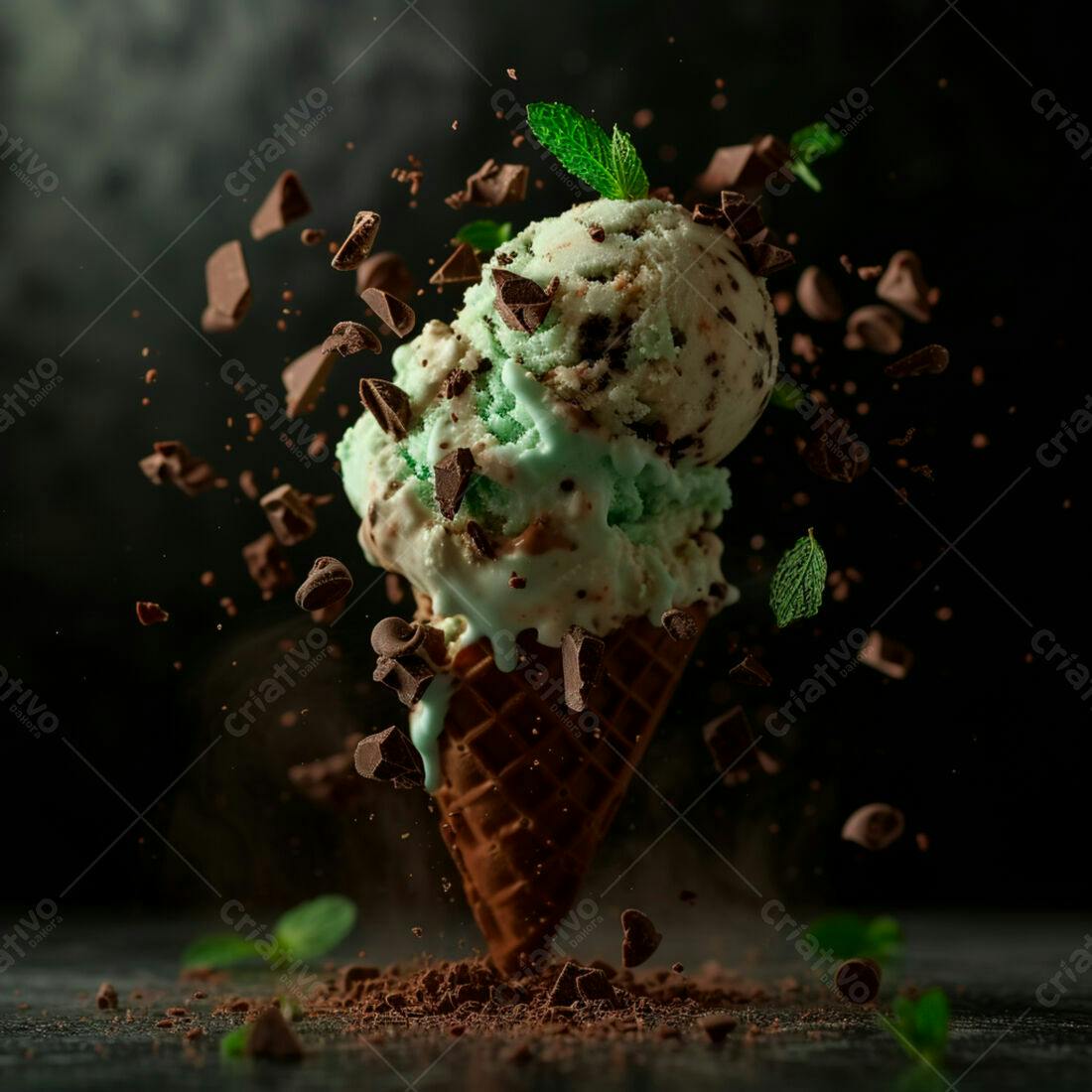 Sorvete de menta e chocolate em cascata