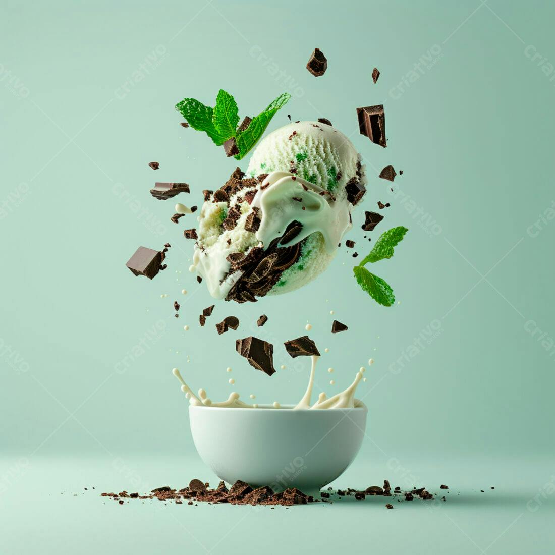 Sorvete de menta com chocolate caindo em uma tigela