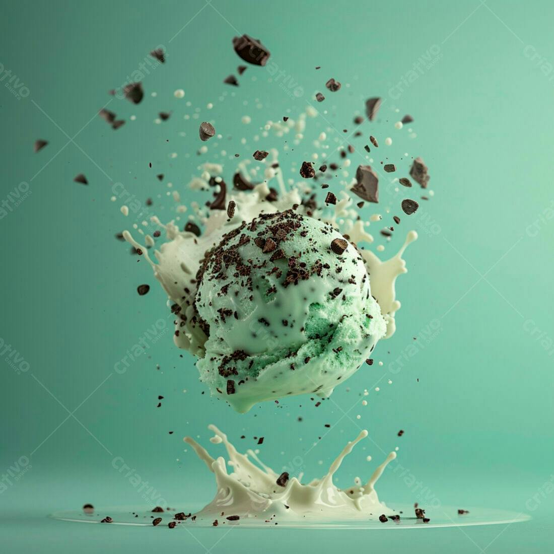 Sorvete menta com gotas de chocolate em splash