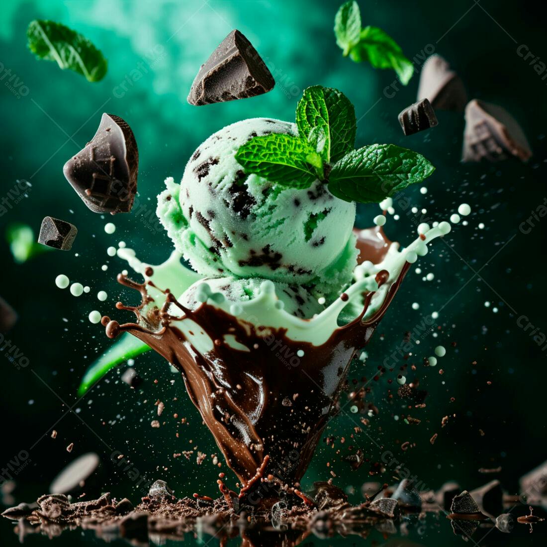 Sorvete de menta com chocolate em splash