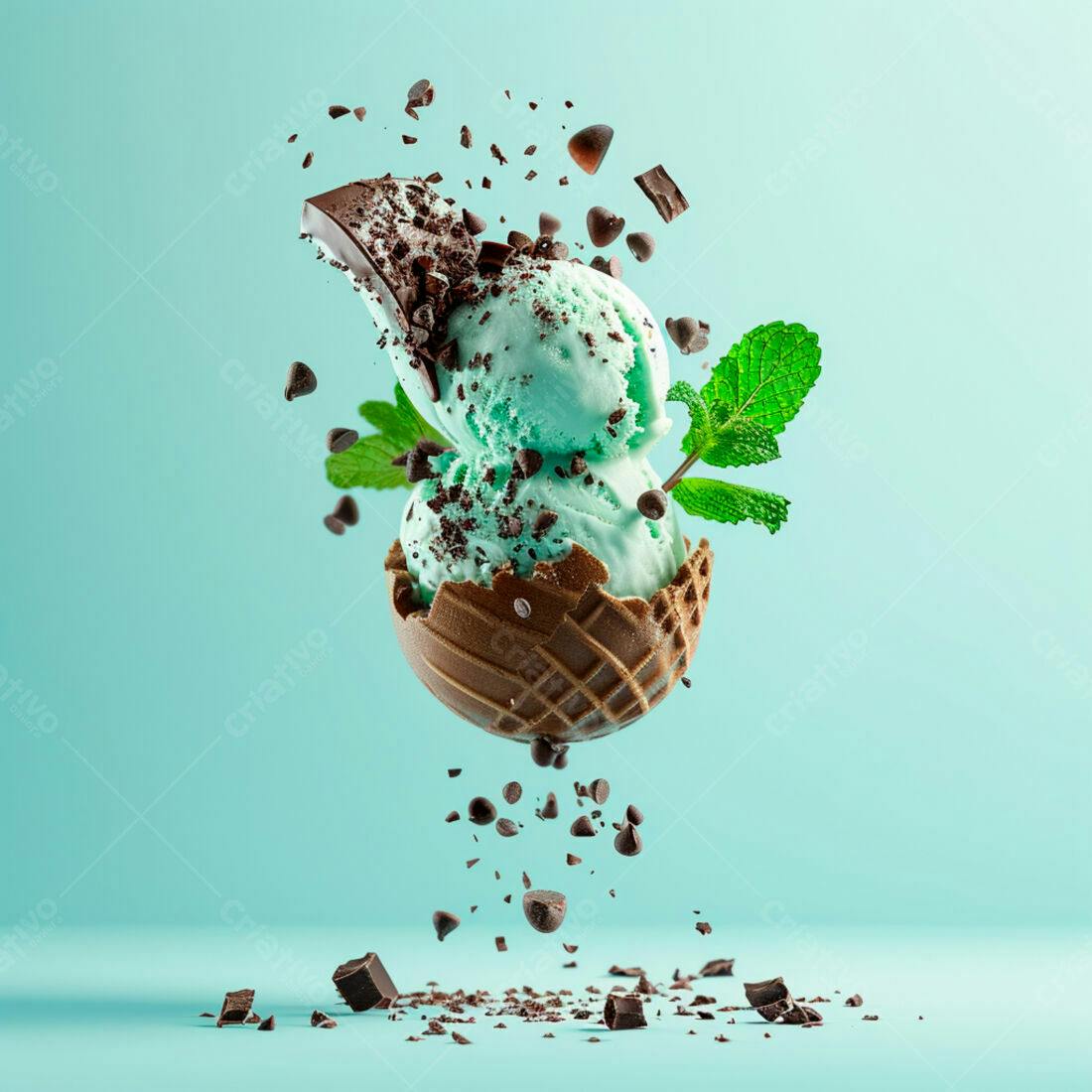 Sorvete de menta com chocolate em casquinha