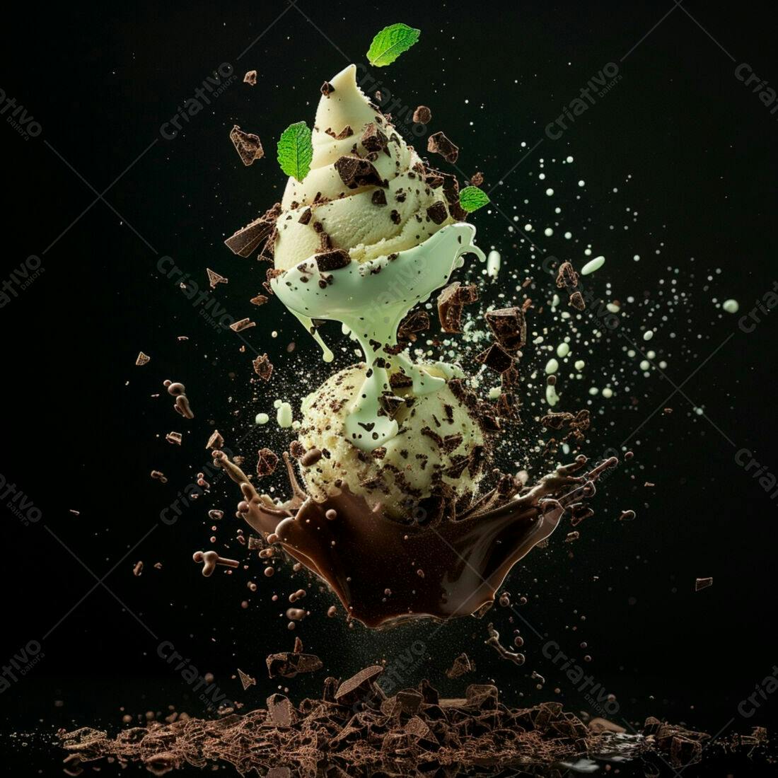 Sorvete de menta com chocolate em explosão