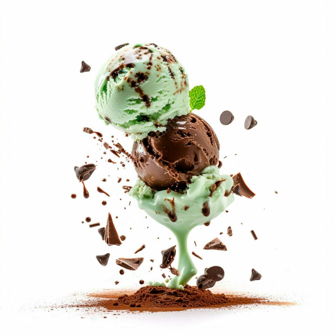 Sorvete de menta e chocolate em queda