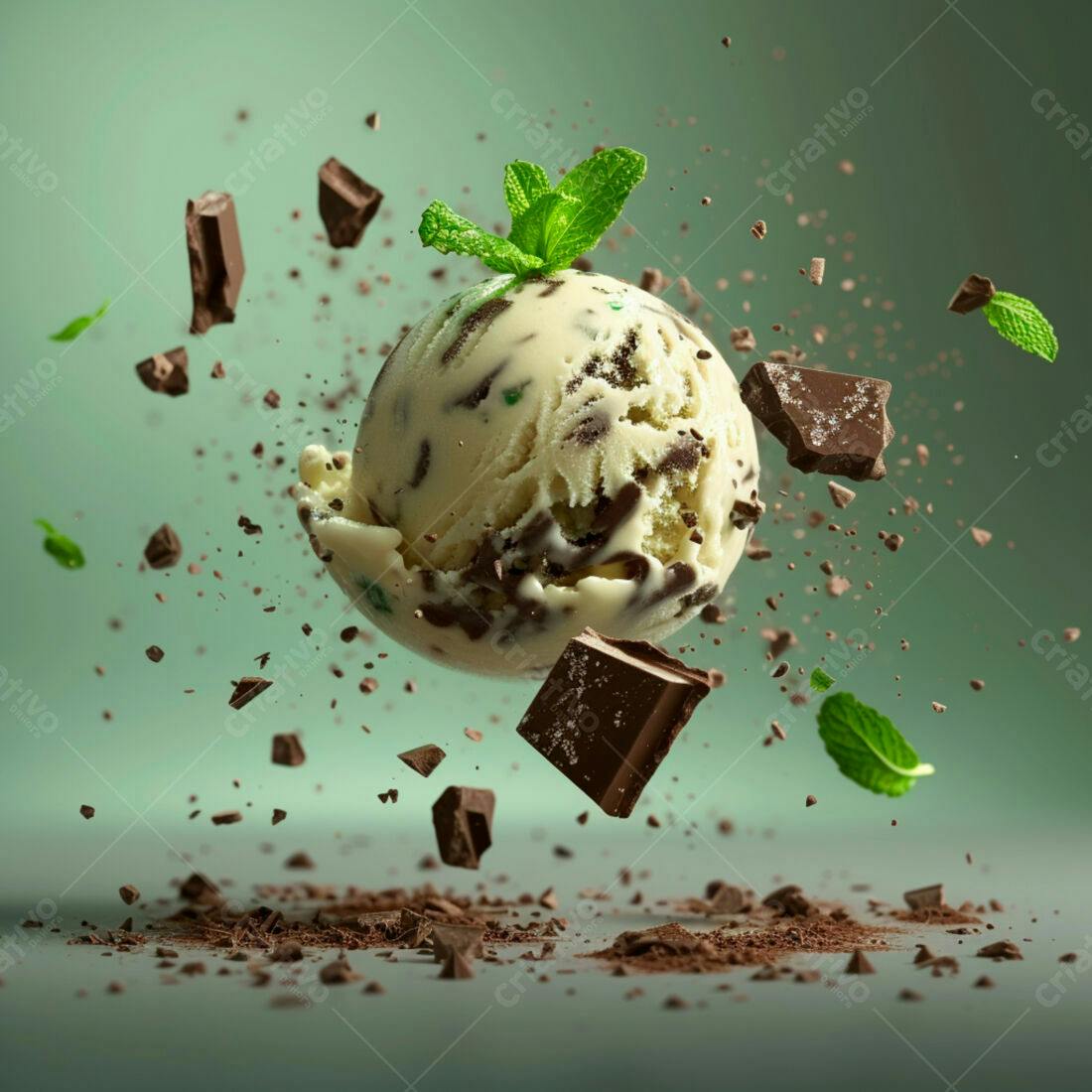 Sorvete de menta com chocolate em levitação