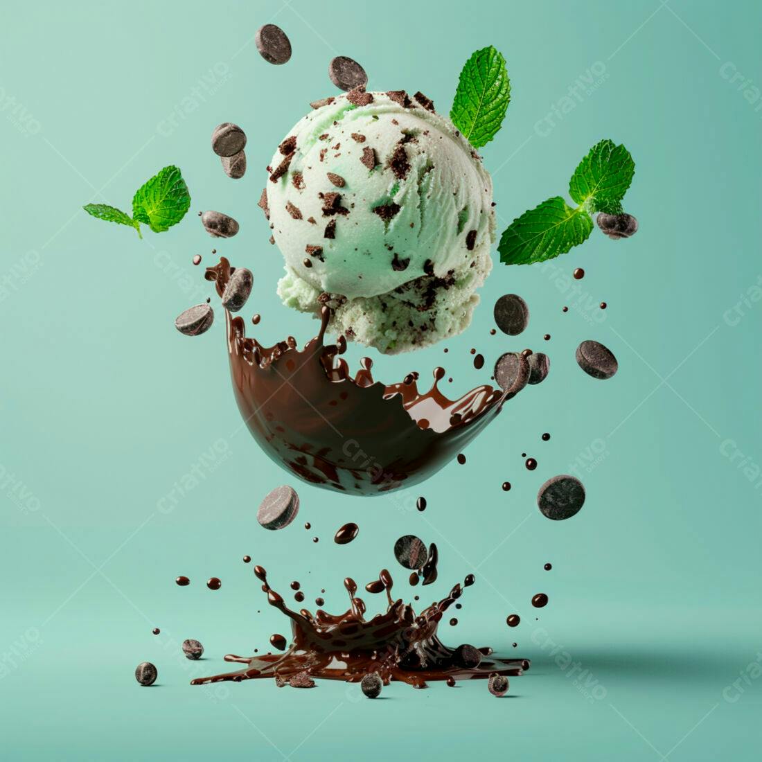Sorvete menta com gotas de chocolate em calda
