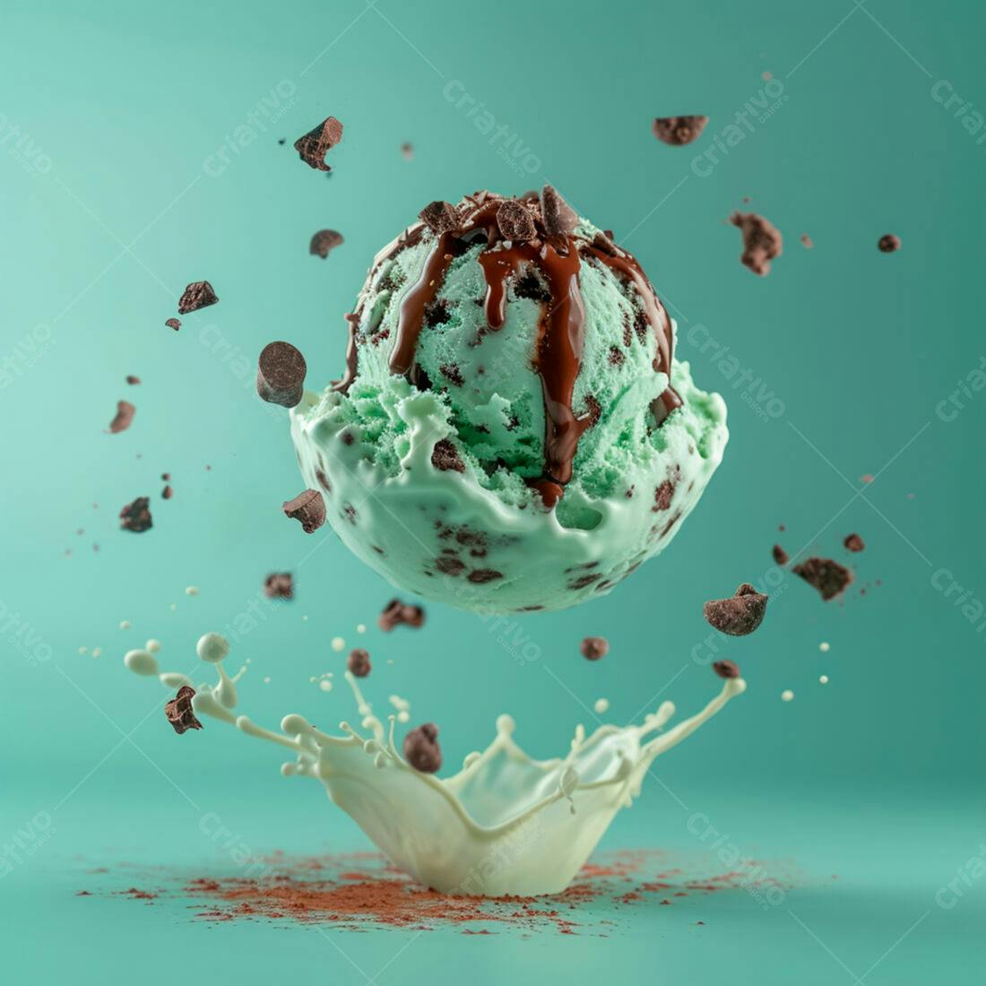 Sorvete de menta com gotas de chocolate em queda