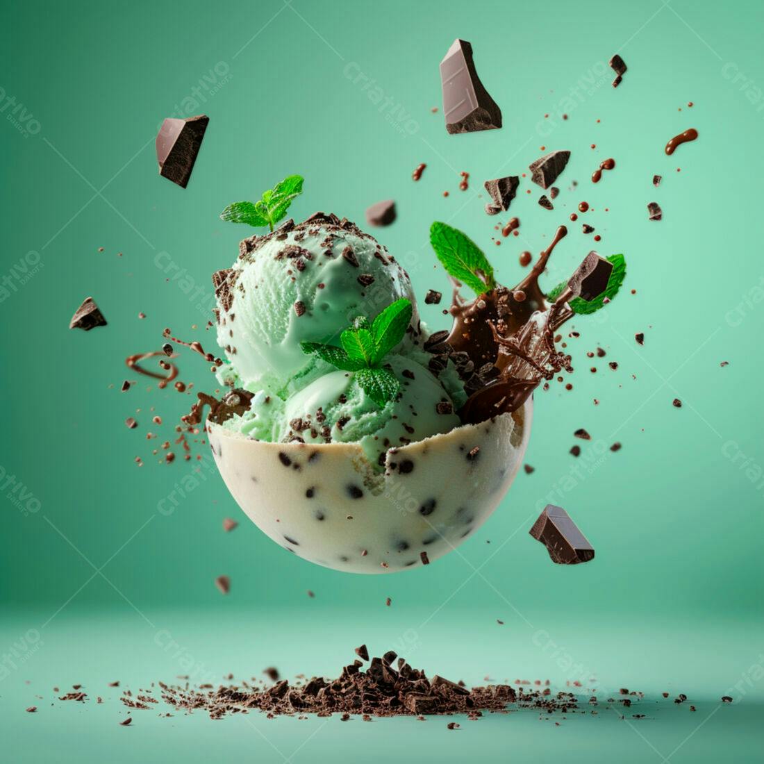 Sorvete de menta com chocolate em explosão