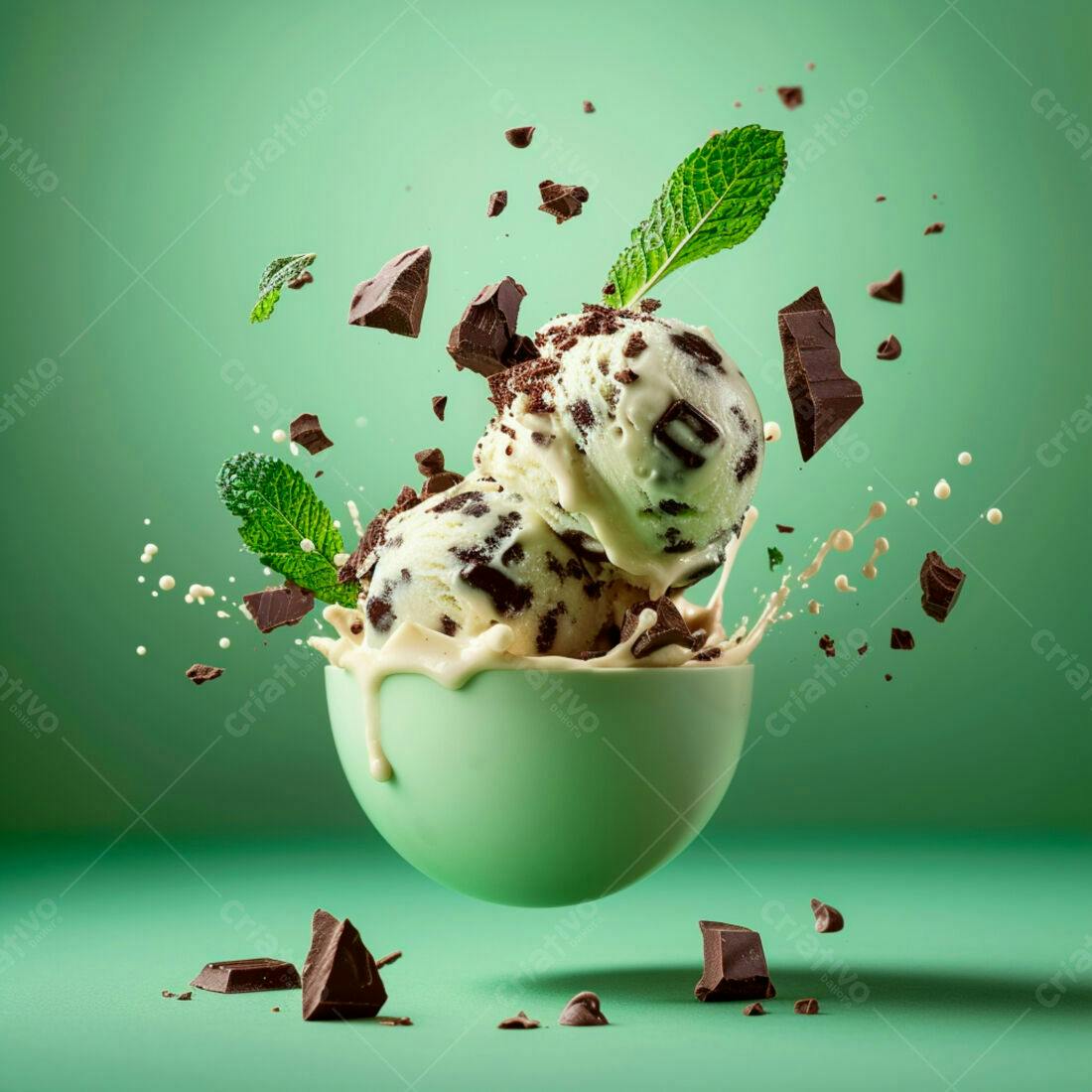 Sorvete de menta com chocolate em tigela verde
