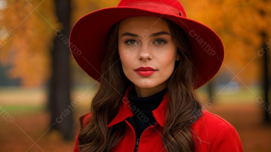 Modelo usando chapéu vermelho outono